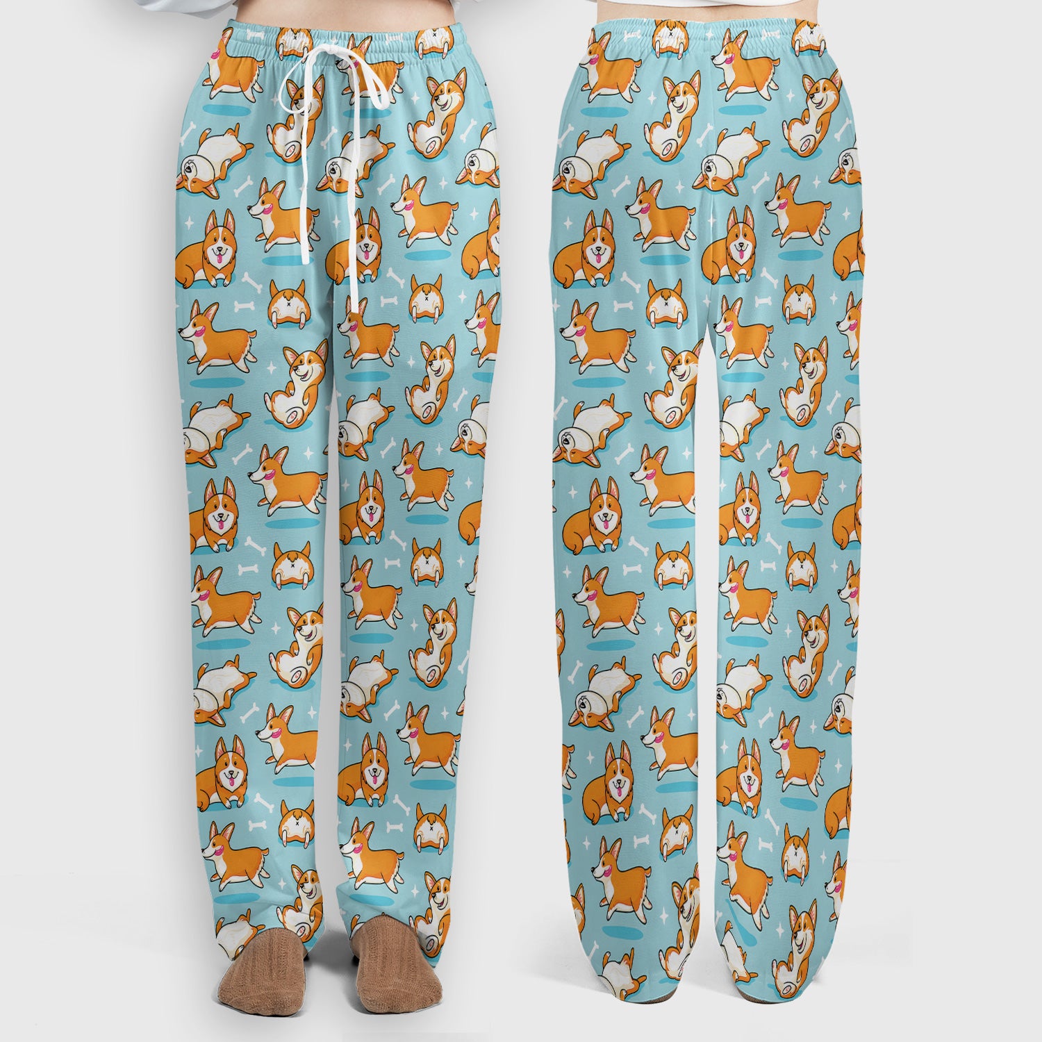 Corgi Dog Playing Rolling Bone Pattern Scrub Set, Scrub Pants and V Neck Top