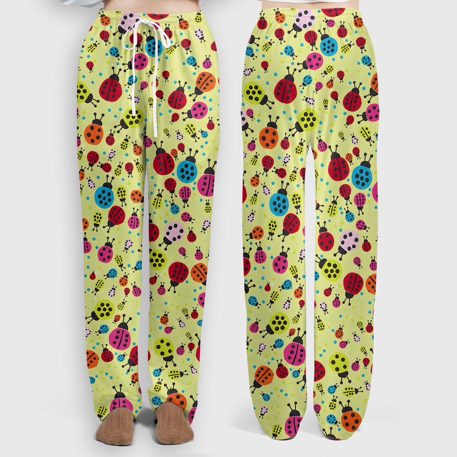 Colorful Ladybug Garden Pattern Scrub Set, Scrub Pants and V Neck Top