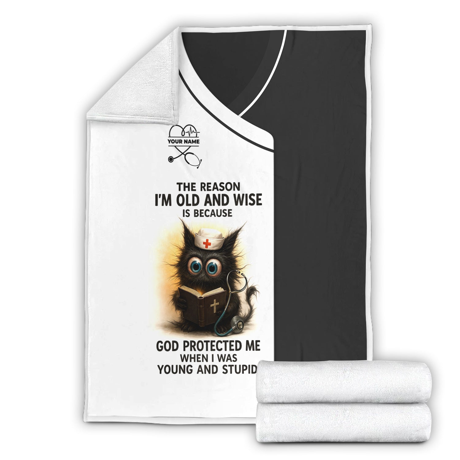 Personalized Nurse Blanket - Hilarious Cat Design with ‰Û÷God Protected Me When I Was Young and Stupid‰Ûª Quote - Custom Name for RN, CNA, LPN Healthcare Workers