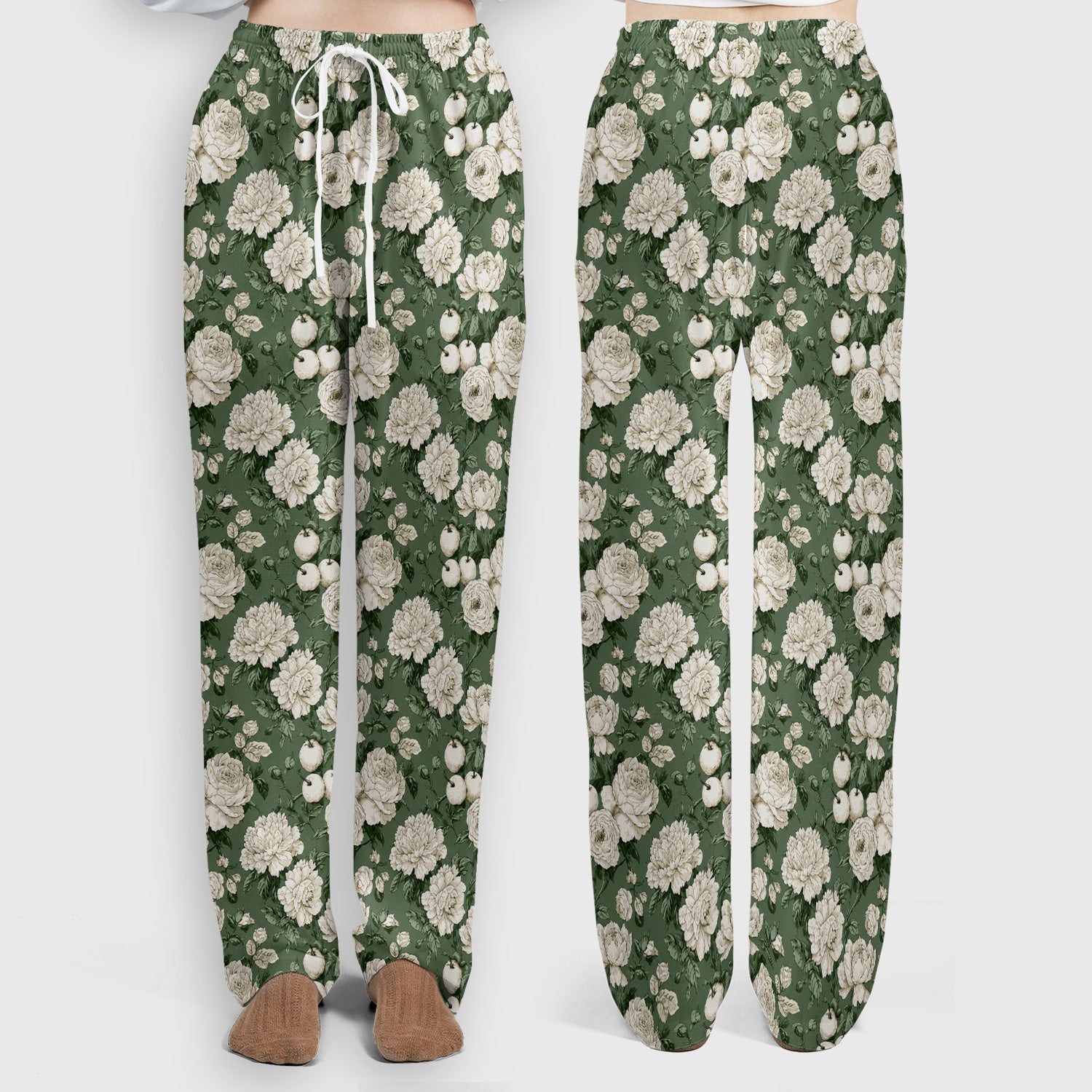 Elegant White Rose Garden Pattern Scrub Set, Scrub Pants and V Neck Top