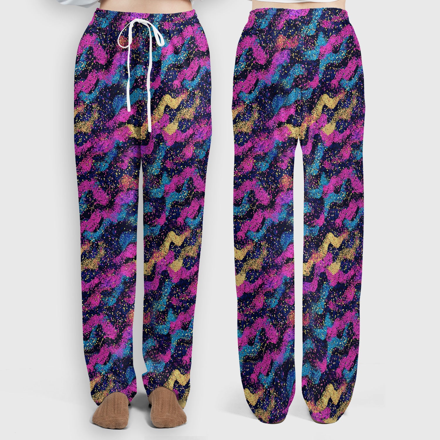Neon Glitter Galaxy Wavy Pattern Scrub Set, Scrub Pants and V Neck Top