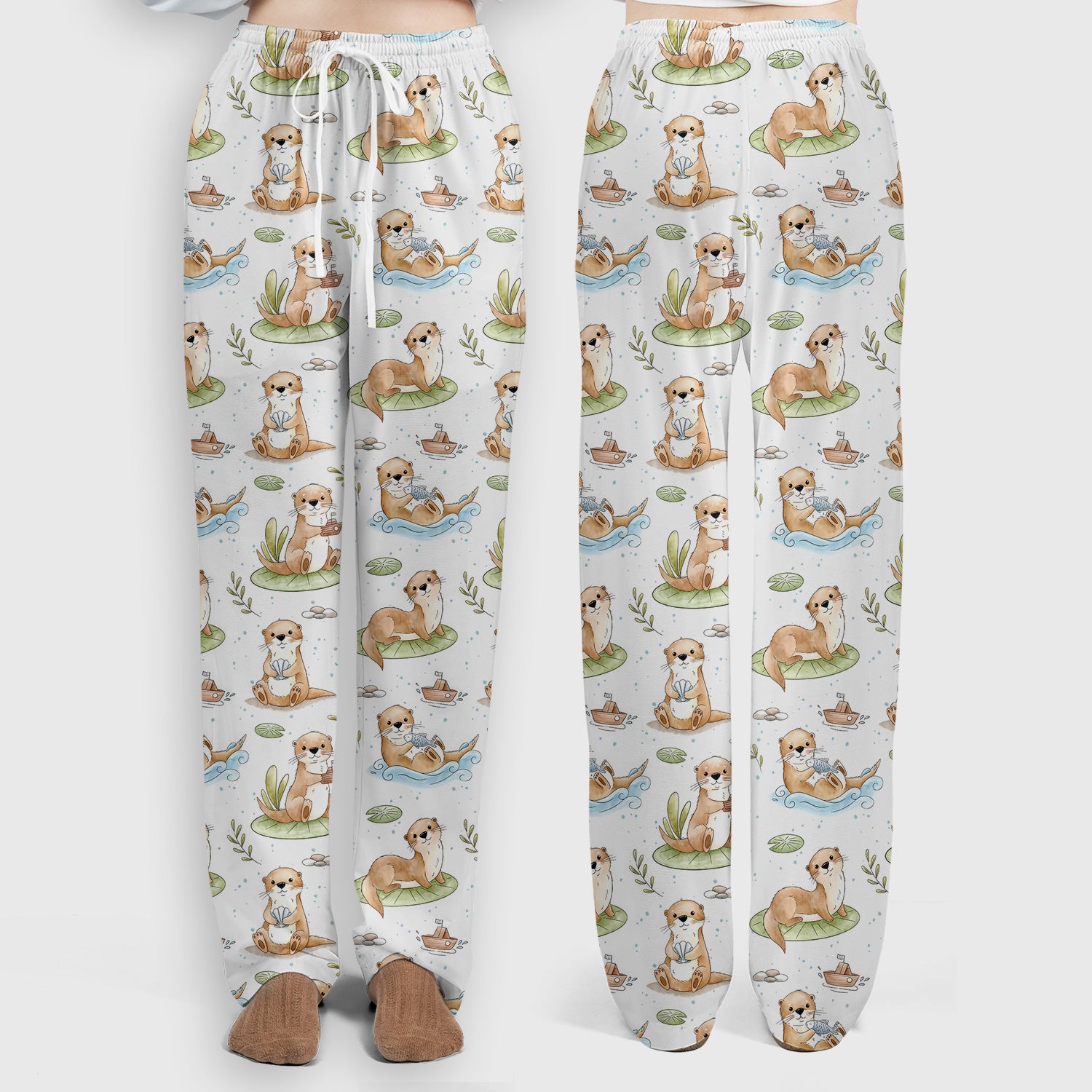 Cute Otter With Lily Pad Pattern Scrub Set, Scrub Pants and V Neck Top