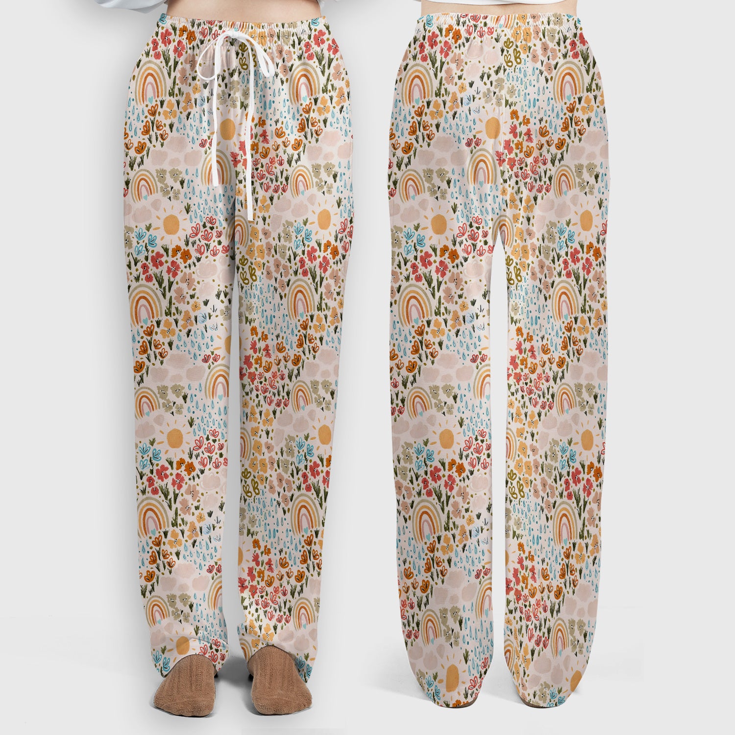 Cute Wildflower Meadow With Rainbow Sun And Raindrops Scrub Set, Scrub Pants and V Neck Top