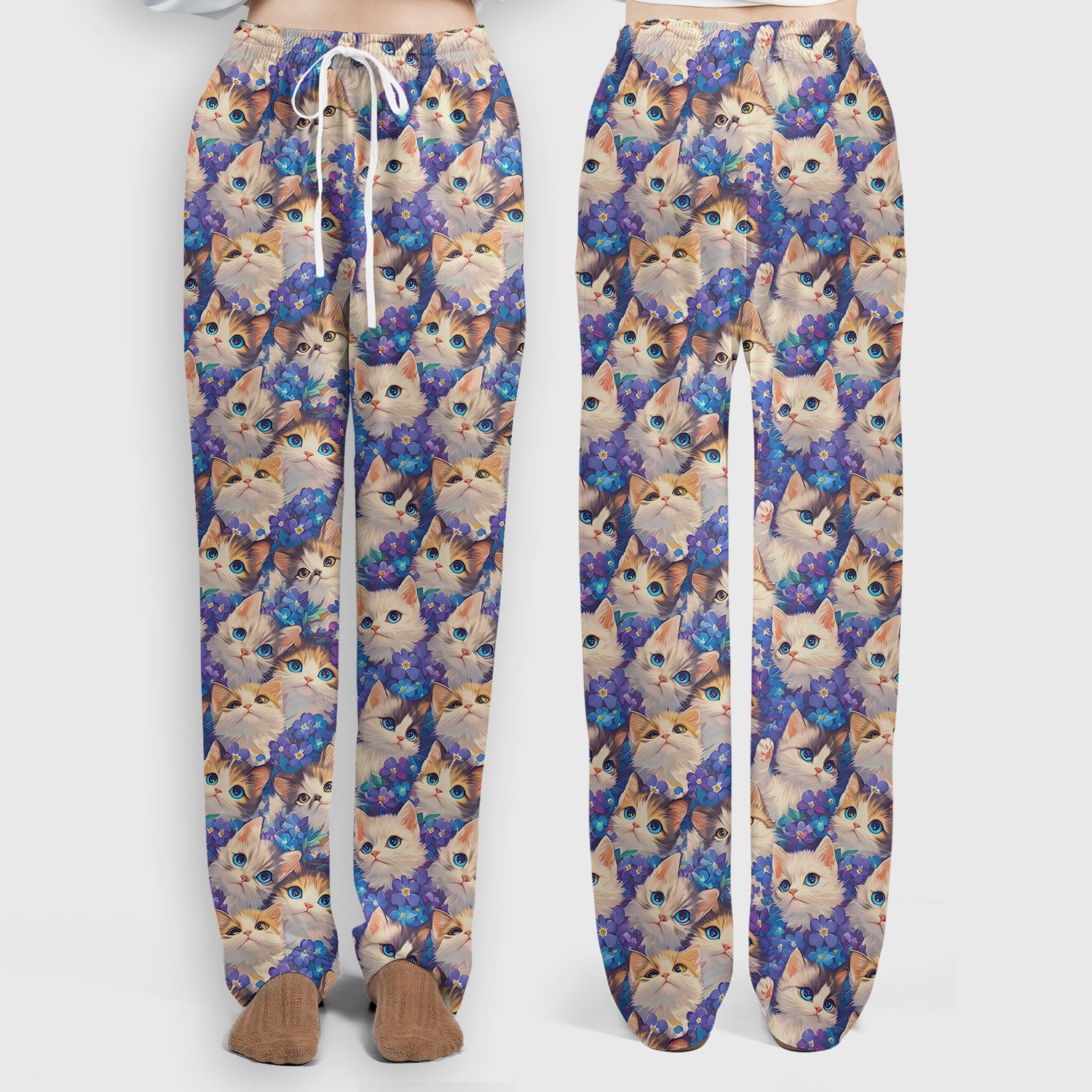 Cute Blue Eyed Kitten Pattern Scrub Set, Scrub Pants and V Neck Top