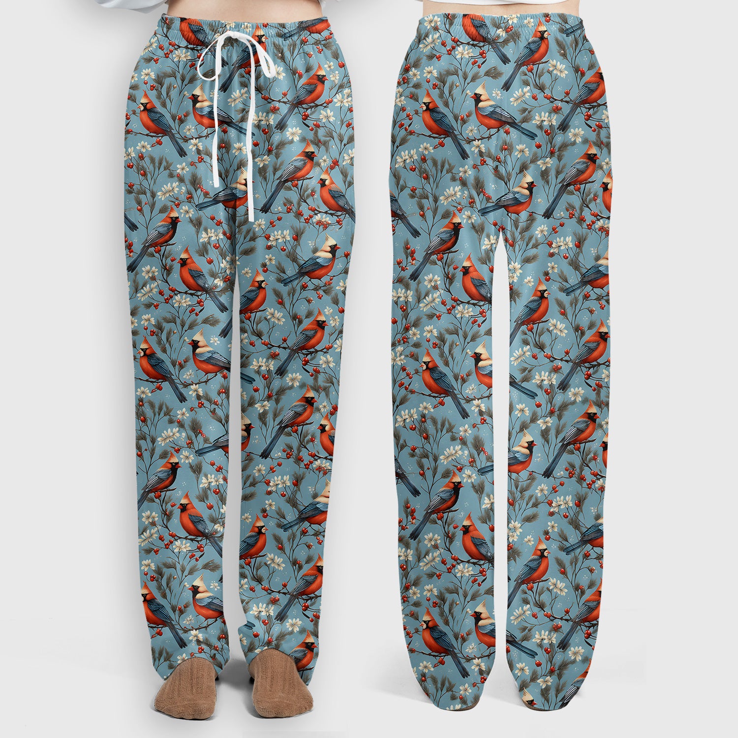 Cute Cardinal Berry Blossom Pattern Scrub Set, Scrub Pants and V Neck Top