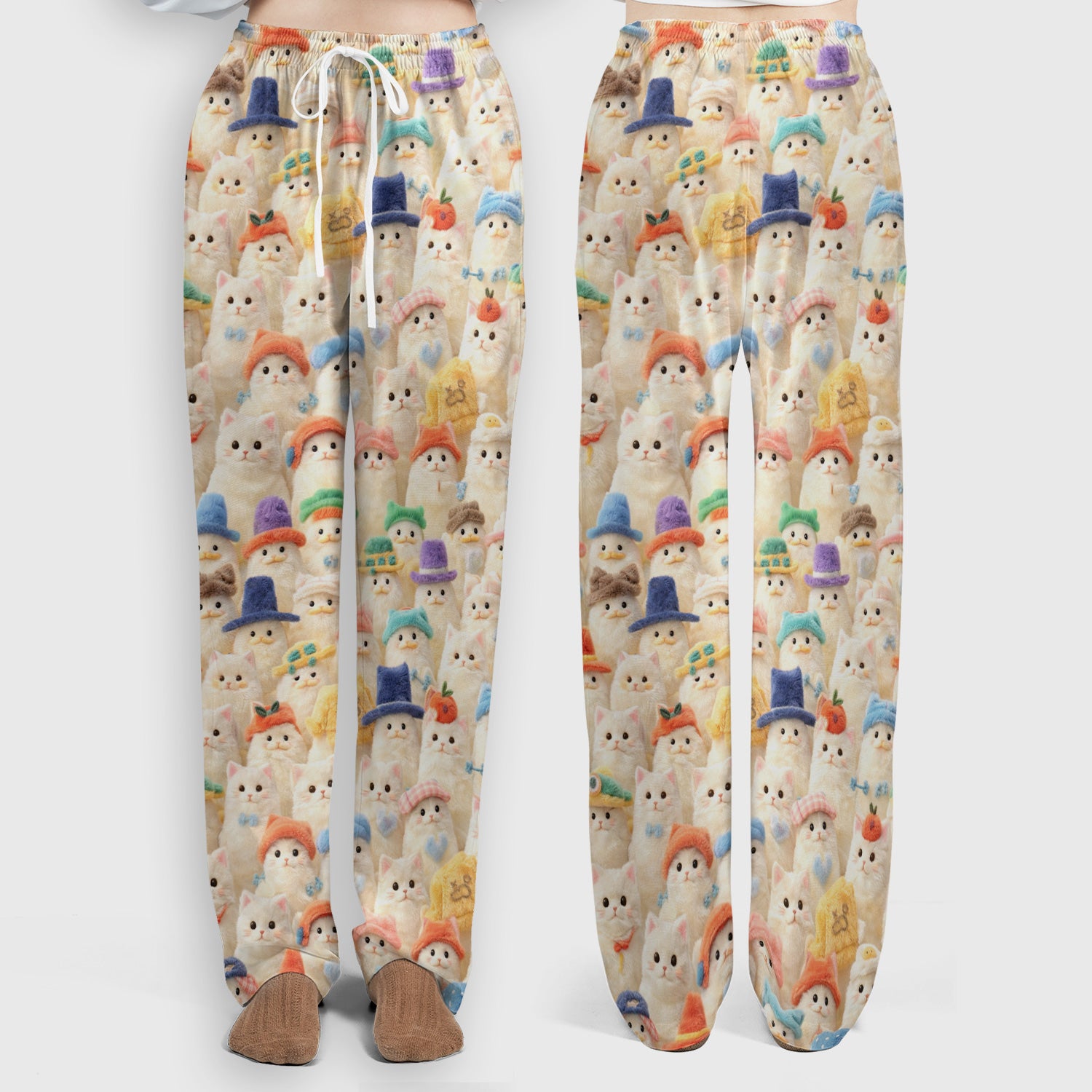 Adorable Cats Wearing Colorful Hats Pattern Scrubs Sets, Scrub Pants and V Neck Top