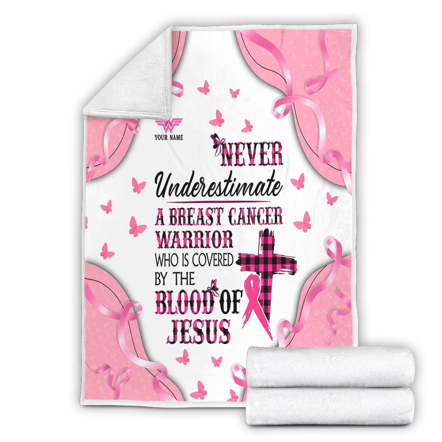 Personalized Breast Cancer Warrior Blanket - Christian Faith Quote & Pink Ribbon Design - Gift for RN LPN CNA