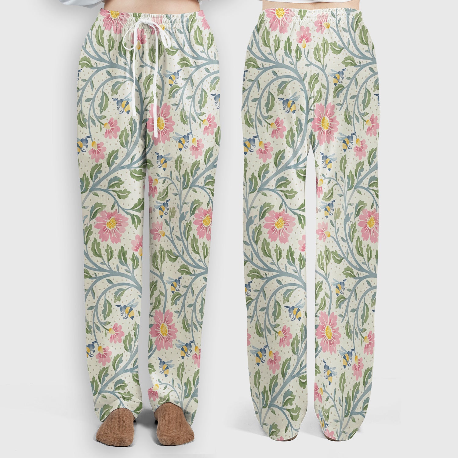 Cute Floral Bee Garden Nurse Pattern Scrub Set, Scrub Pants and V Neck Top