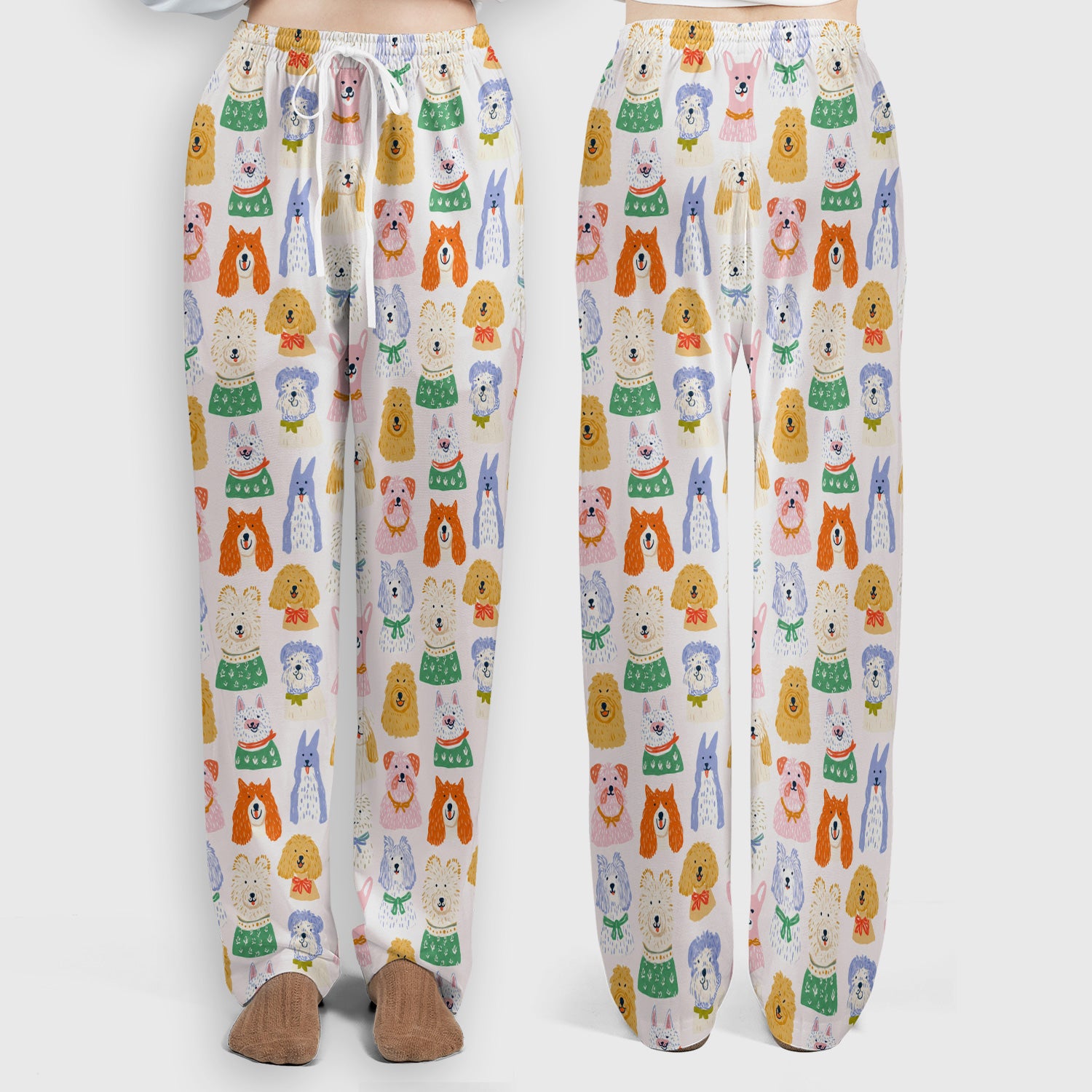 Colorful Dog Faces Cartoon Pattern Scrub Set, Scrub Pants and V Neck Top