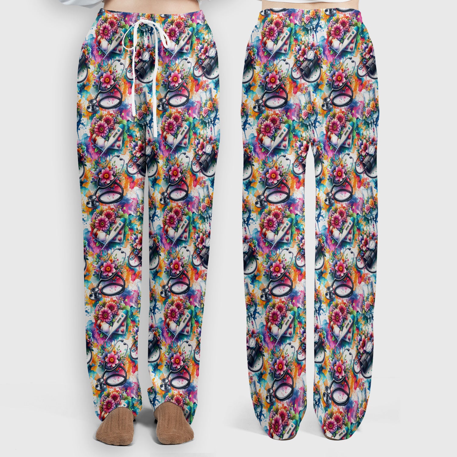 Colorful Medical Tools Floral Pattern Scrub Set, Scrub Pants and V Neck Top