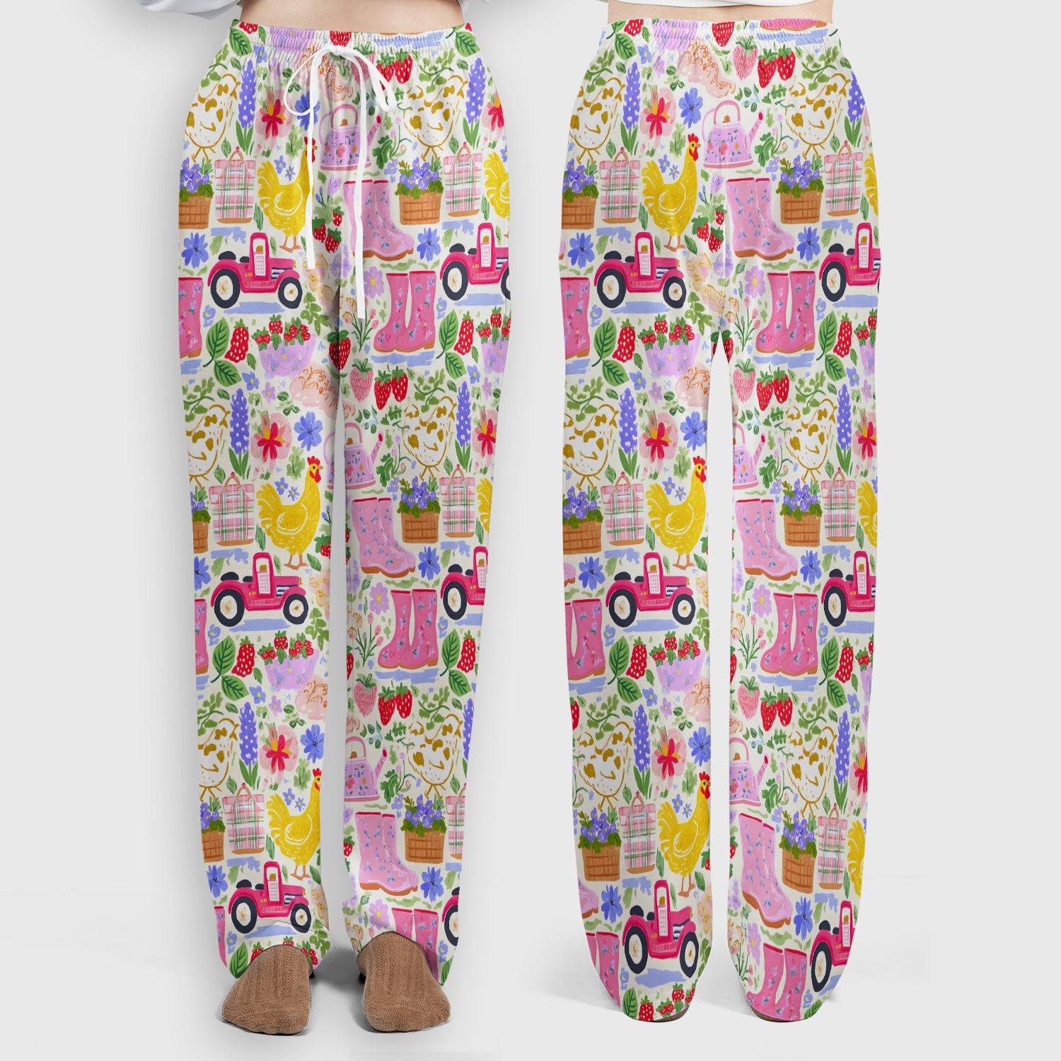 Cute Farm Garden Chicken Pattern Scrub Set, Scrub Pants and V Neck Top