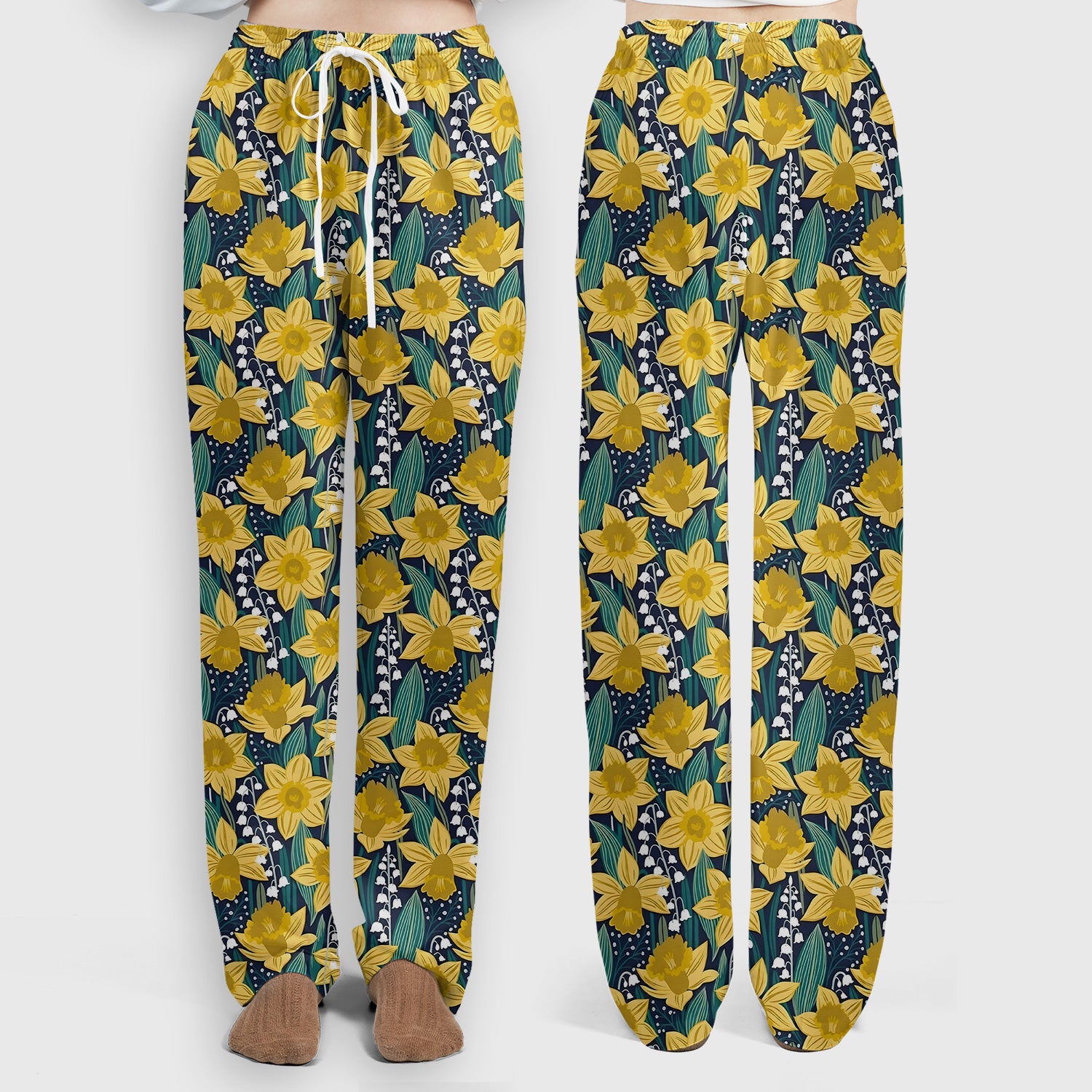 Yellow Daffodil Lily Valley Pattern Scrub Set, Scrub Pants and V Neck Top