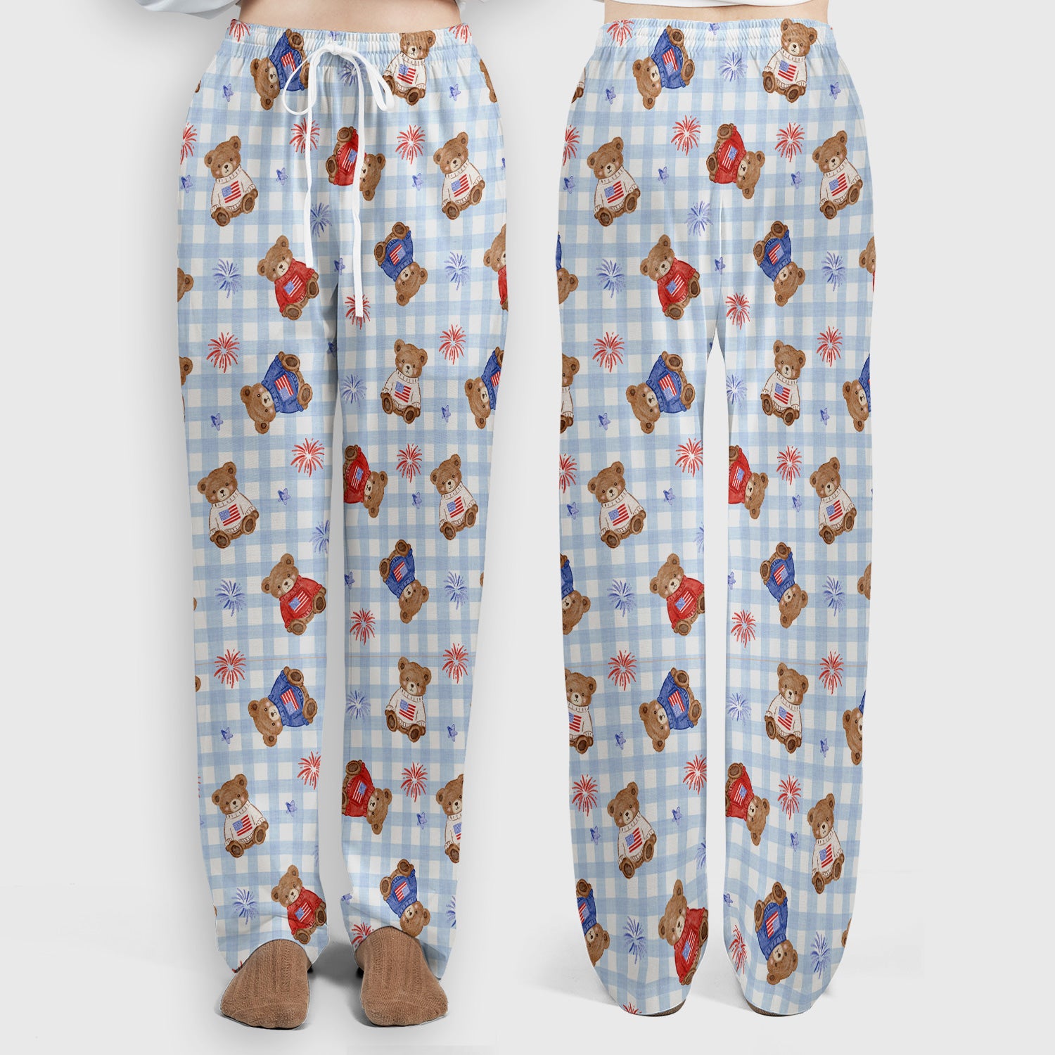 Cute Patriotic Teddy Bear Firework Gingham Pattern Scrub Set, Scrub Pants and V Neck Top