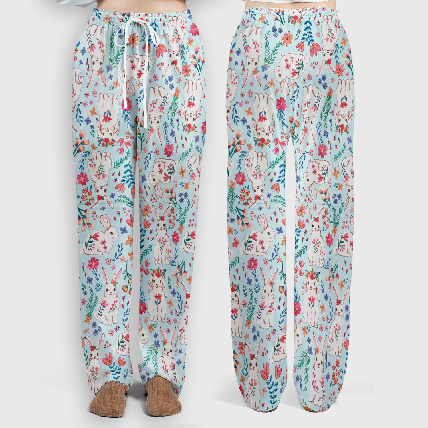 Springtime Bunny Floral Pattern Scrub Set, Scrub Pants and V Neck Top