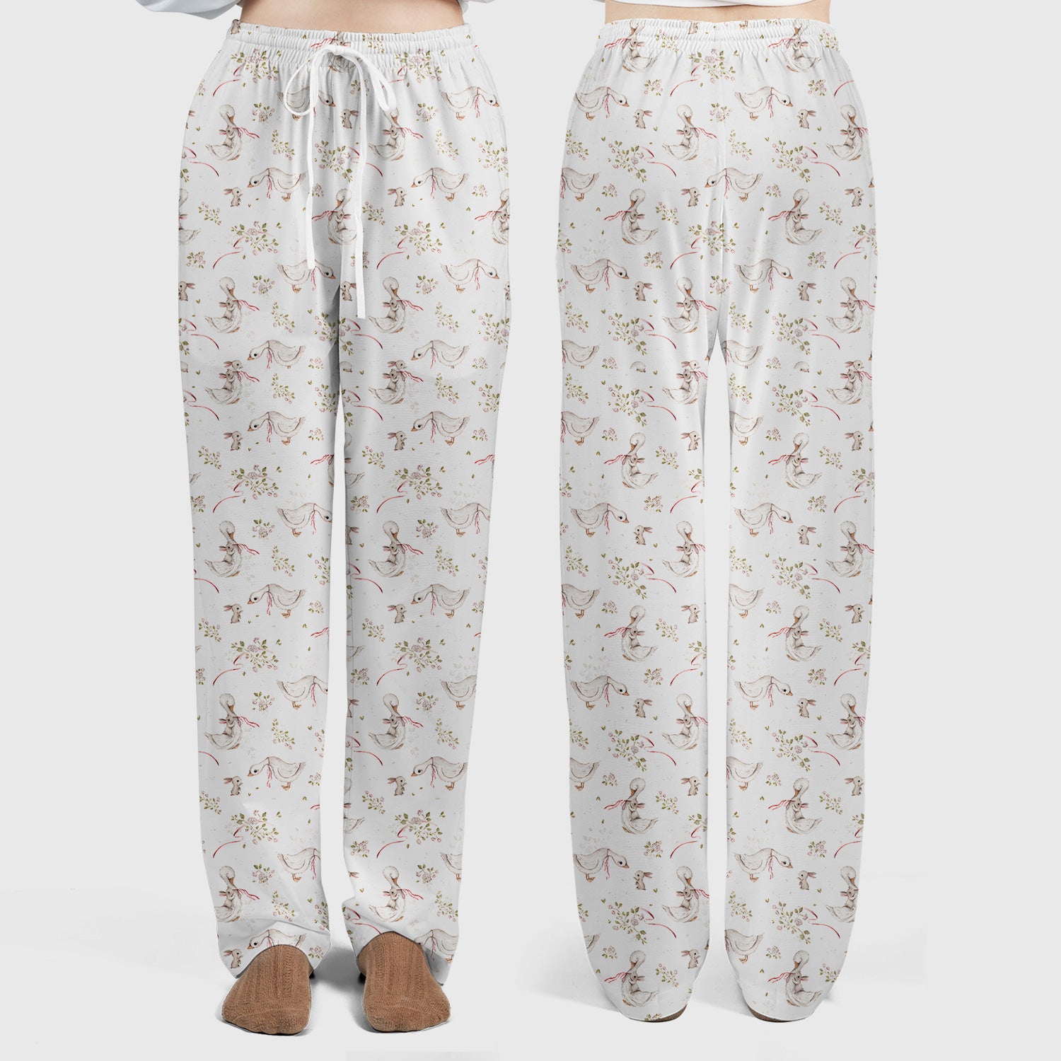 Cute Duck Bunny Floral Print Scrub Set, Breathable Med Uniform
