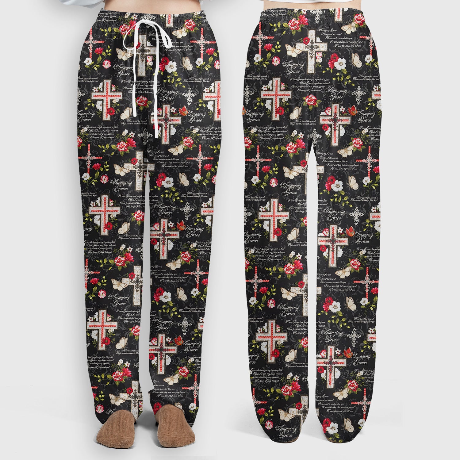 Christian Cross Roses And Butterflies Print Scrub Set, Scrub Pants and V Neck Top