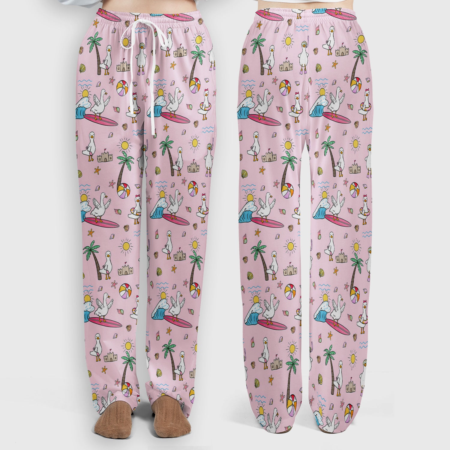 Cute Nurse Seagull Surfboard Beach Palm Tree Pattern Scrub Set, Scrub Pants and V Neck Top