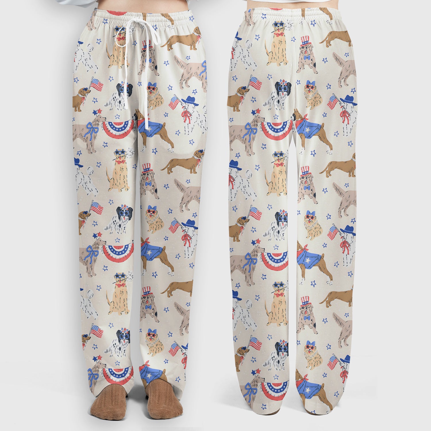 Patriotic Dog Parade Pattern Scrub Set, Scrub Pants and V Neck Top