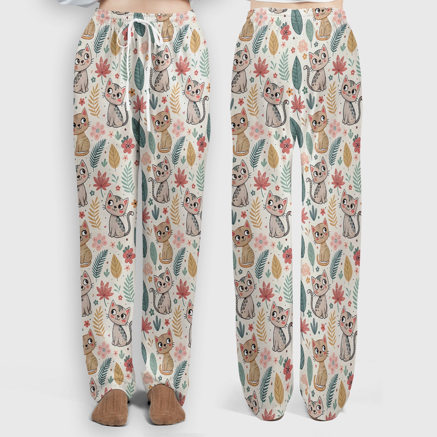 Cute Cartoon Cat Floral Leaf Pattern Scrub Set, Scrub Pants and V Neck Top
