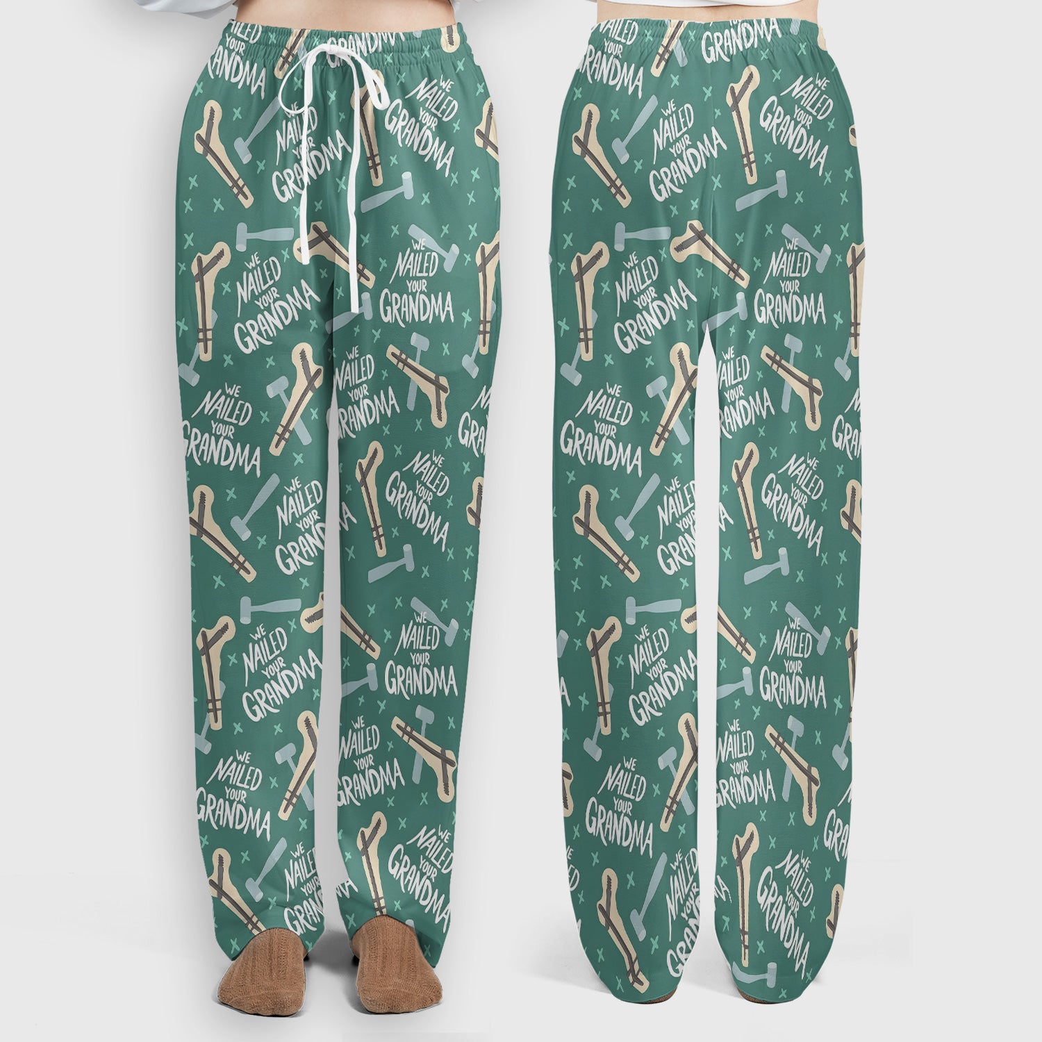 Funny Orthopedic Bone Hammer We Nailed Your Grandma Pattern Scrub Set, Scrub Pants and V Neck Top