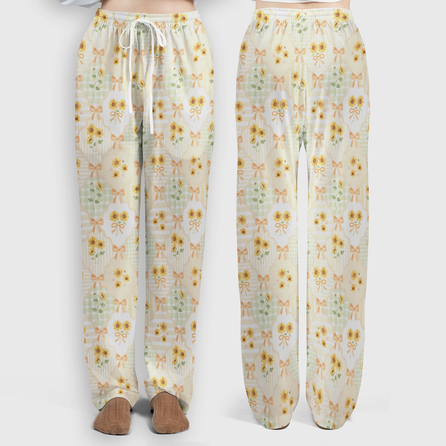 Cute Sunflower Ribbon Patchwork Pattern Scrub Set, Scrub Pants and V Neck Top
