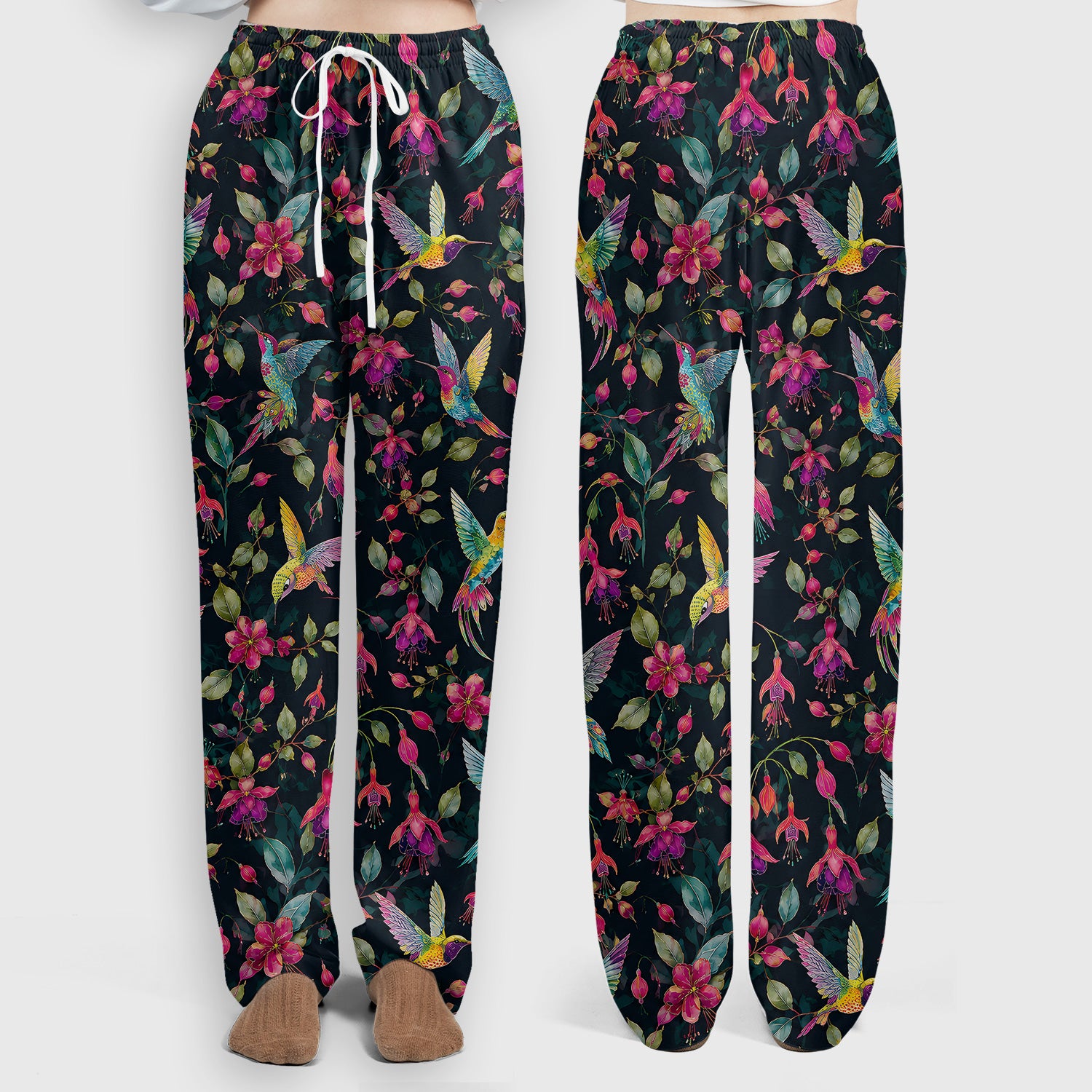 Hummingbird Fuchsia Bloom Pattern Scrub Set, Scrub Pants and V Neck Top