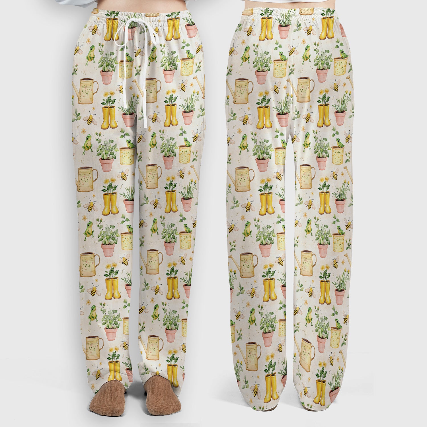 Cute Nurse Frog And Bee Garden Pattern Scrub Set, Scrub Pants and V Neck Top