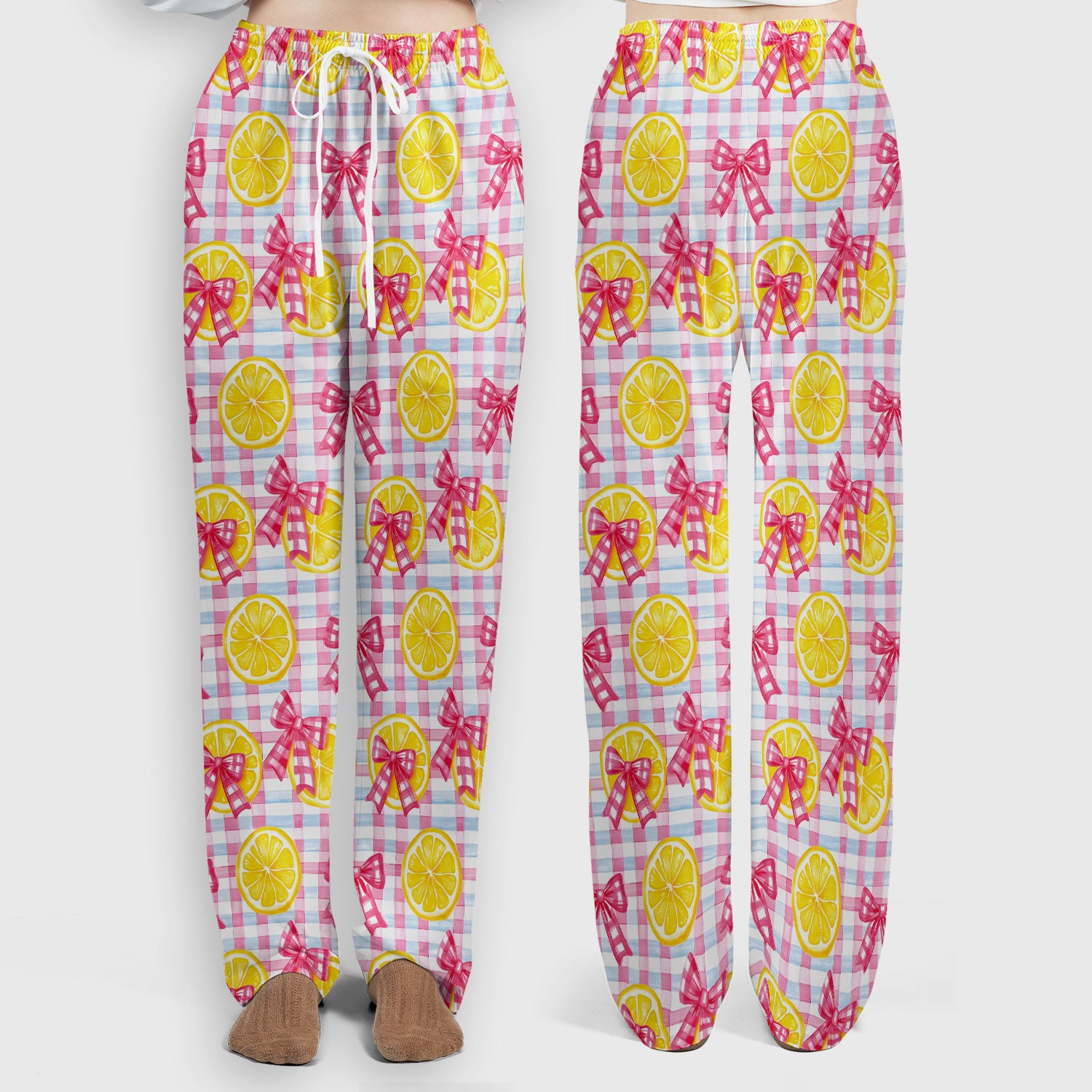 Cute Lemon Slice Pink Bow Gingham Pattern Scrub Set, Scrub Pants and V Neck Top