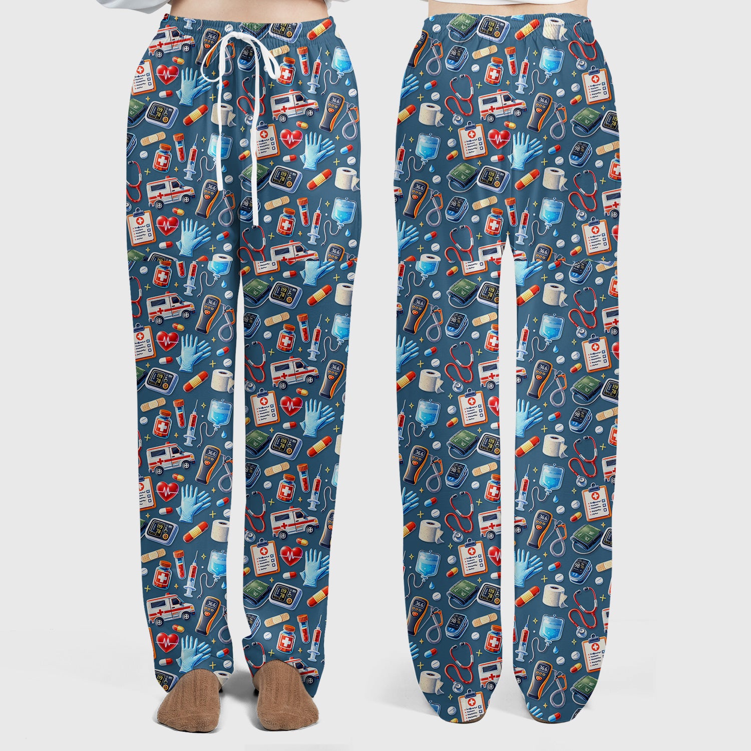 Medical Tools Pattern Ambulance Stethoscope Scrub Set, Scrub Pants and V Neck Top