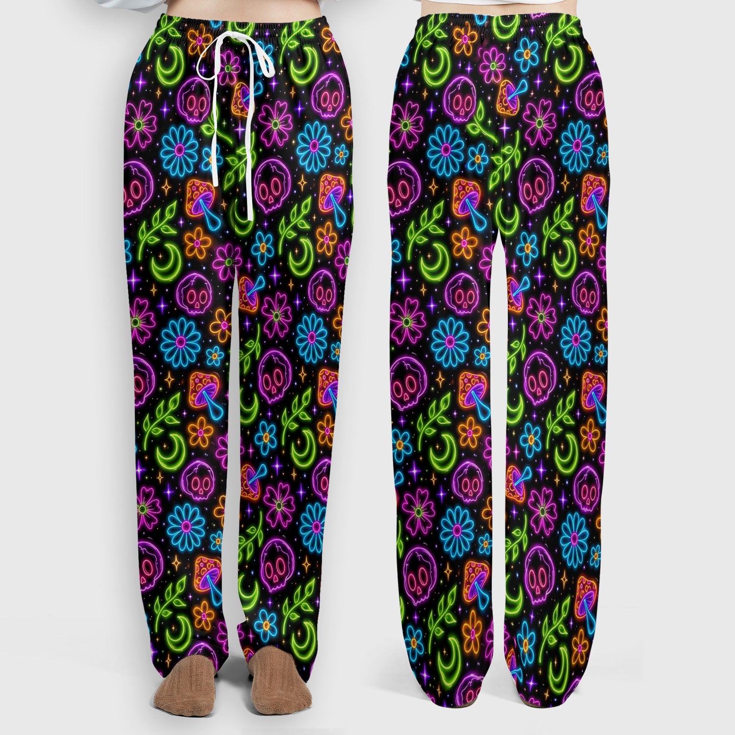 Neon Skull Mushroom Floral Scrub Set, Colorful Gothic Scrub Pants and V Neck Top
