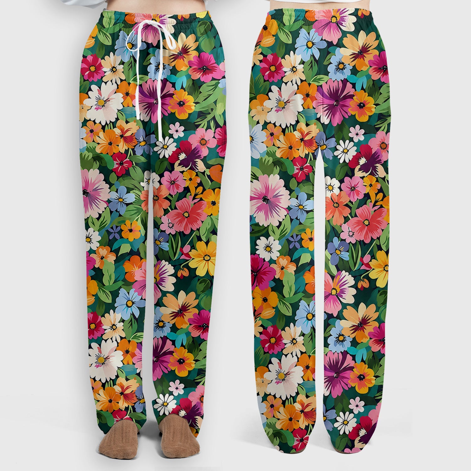 Colorful Wildflower Garden Pattern Scrub Set, Scrub Pants and V Neck Top