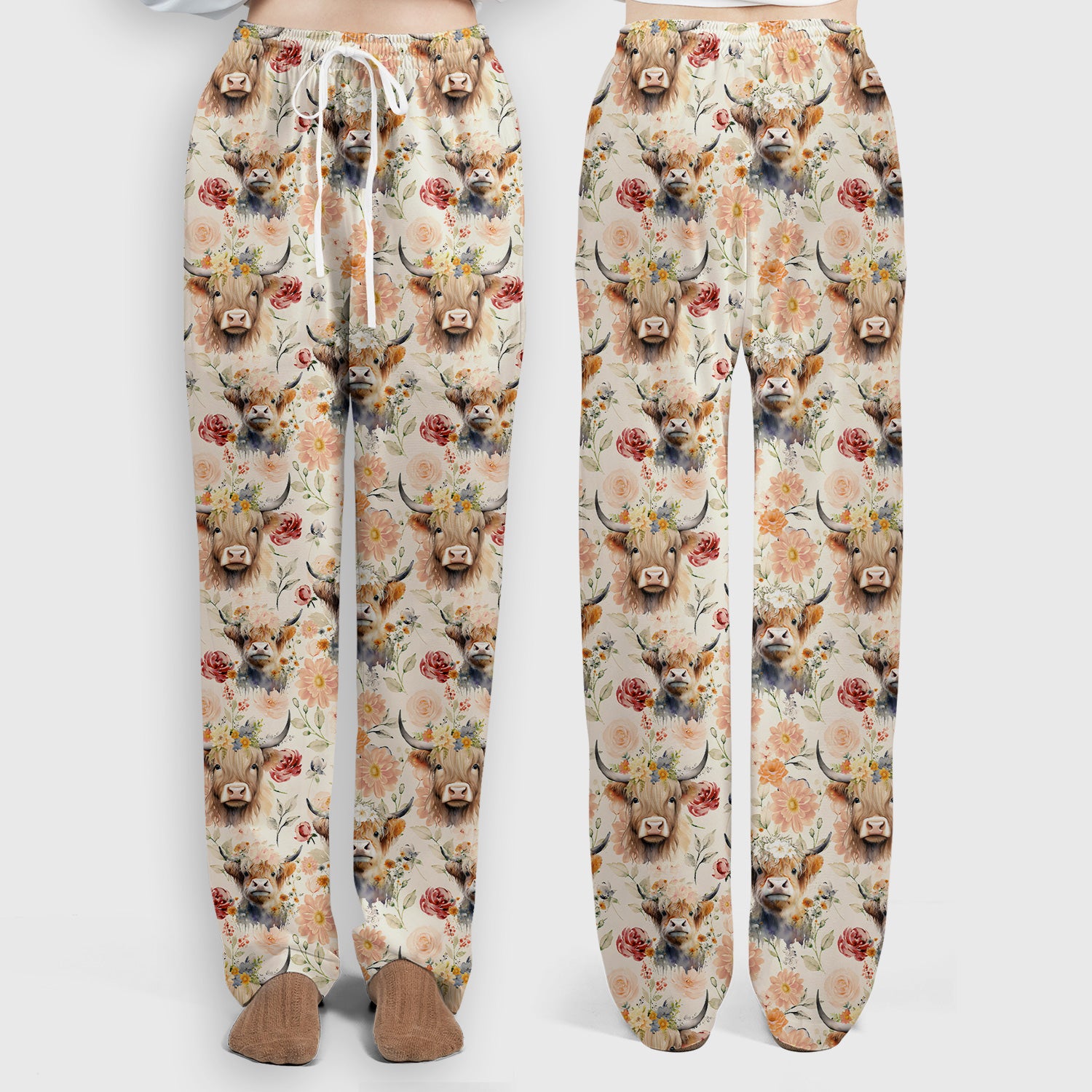 Cute Highland Cow Floral Pattern Scrub Set, Scrub Pants and V Neck Top