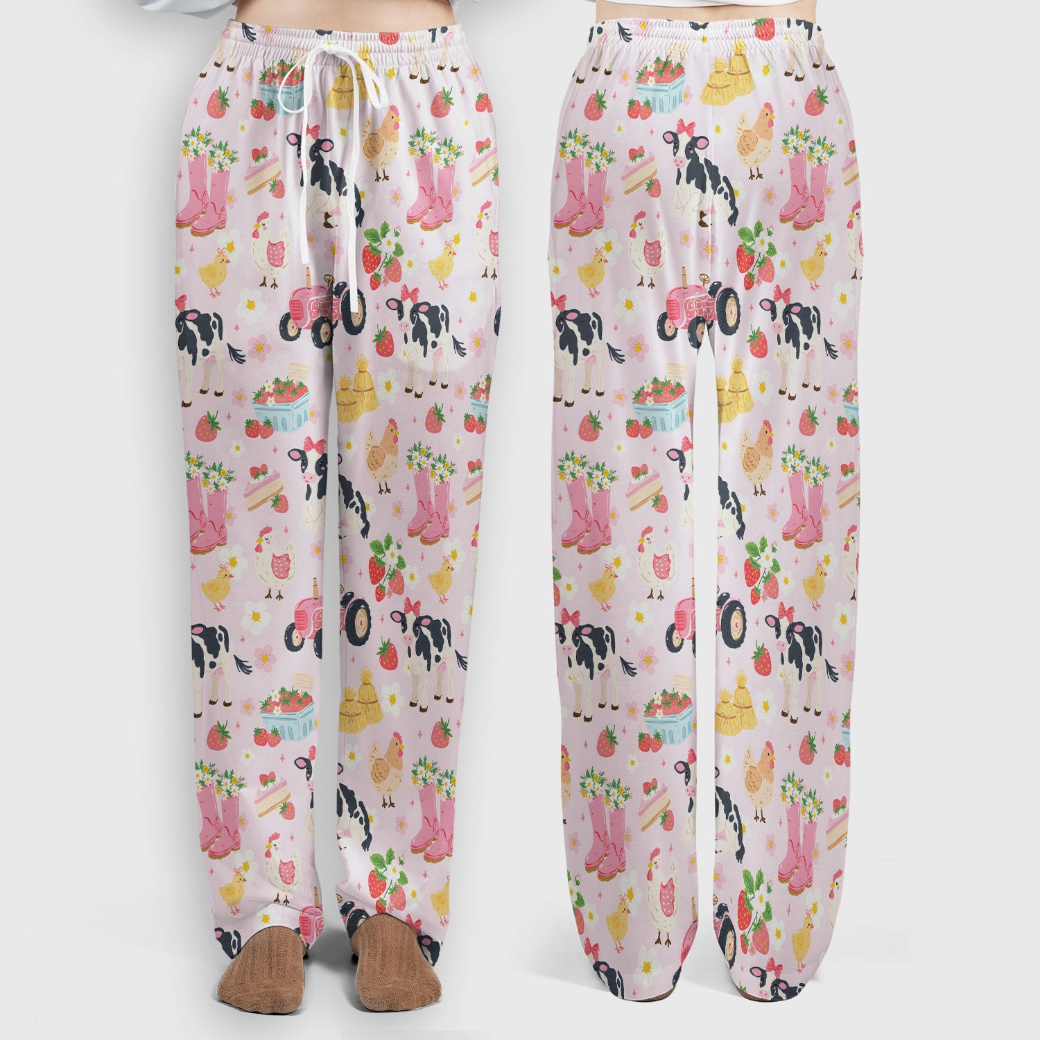 Cute Farm Animals & Strawberry Garden Pattern Scrub Set, Scrub Pants and V Neck Top