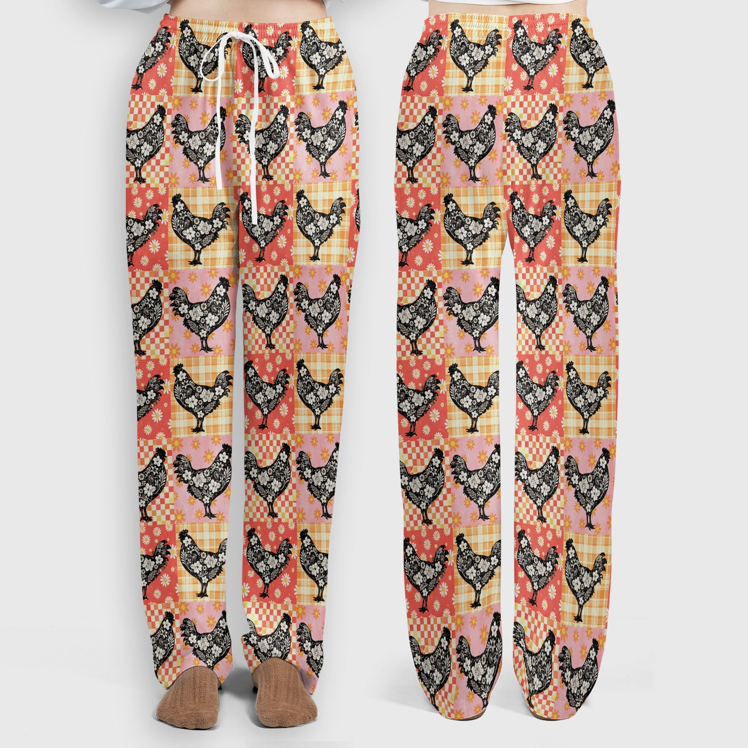 Cute Floral Chicken Patchwork Print Scrub Set, Scrub Pants and V Neck Top