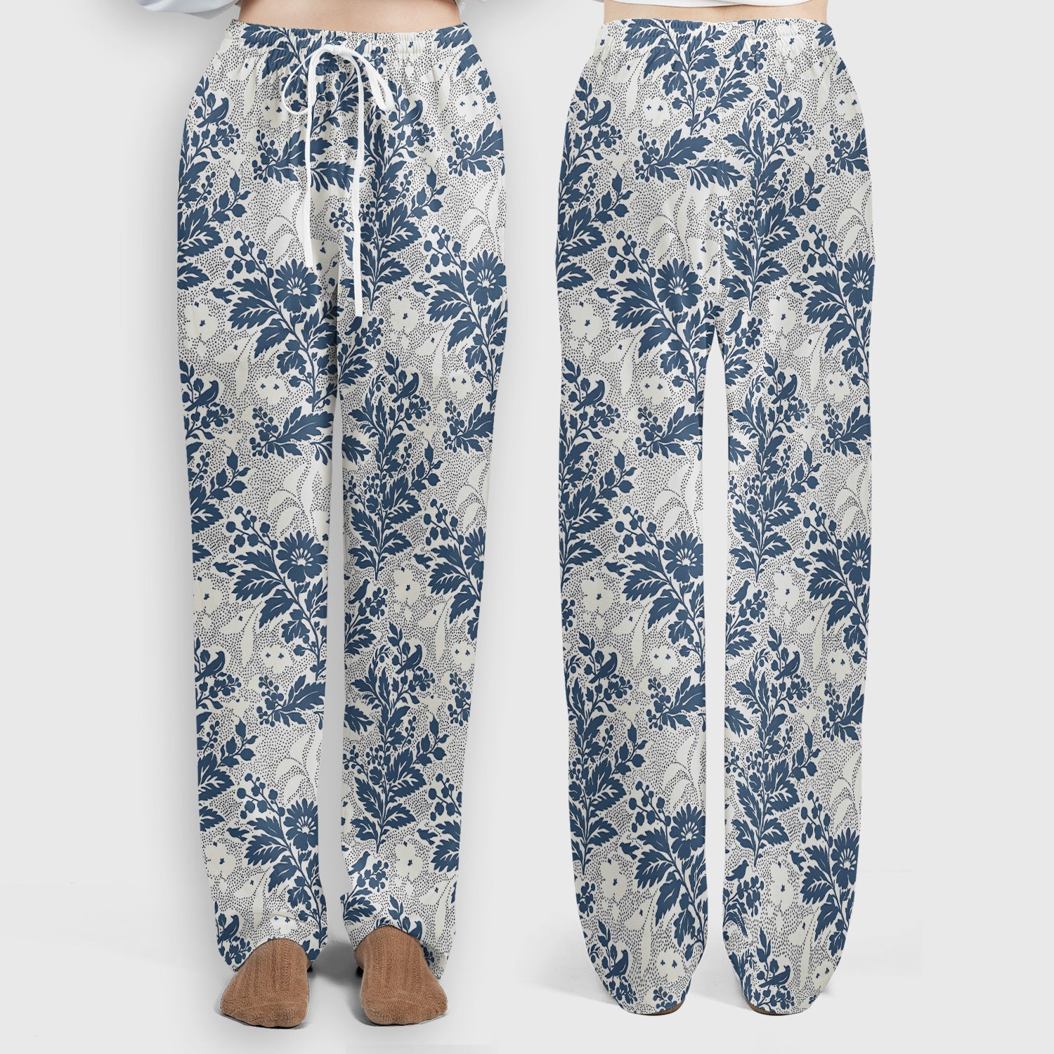 Cute Blue Floral Botanical Nurse Pattern Scrub Set, Scrub Pants and V Neck Top
