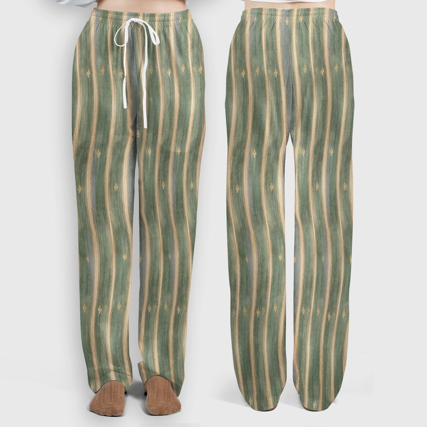 Charming Nurse Green Vertical Stripe Small Floral Pattern Scrub Set, Scrub Pants and V Neck Top