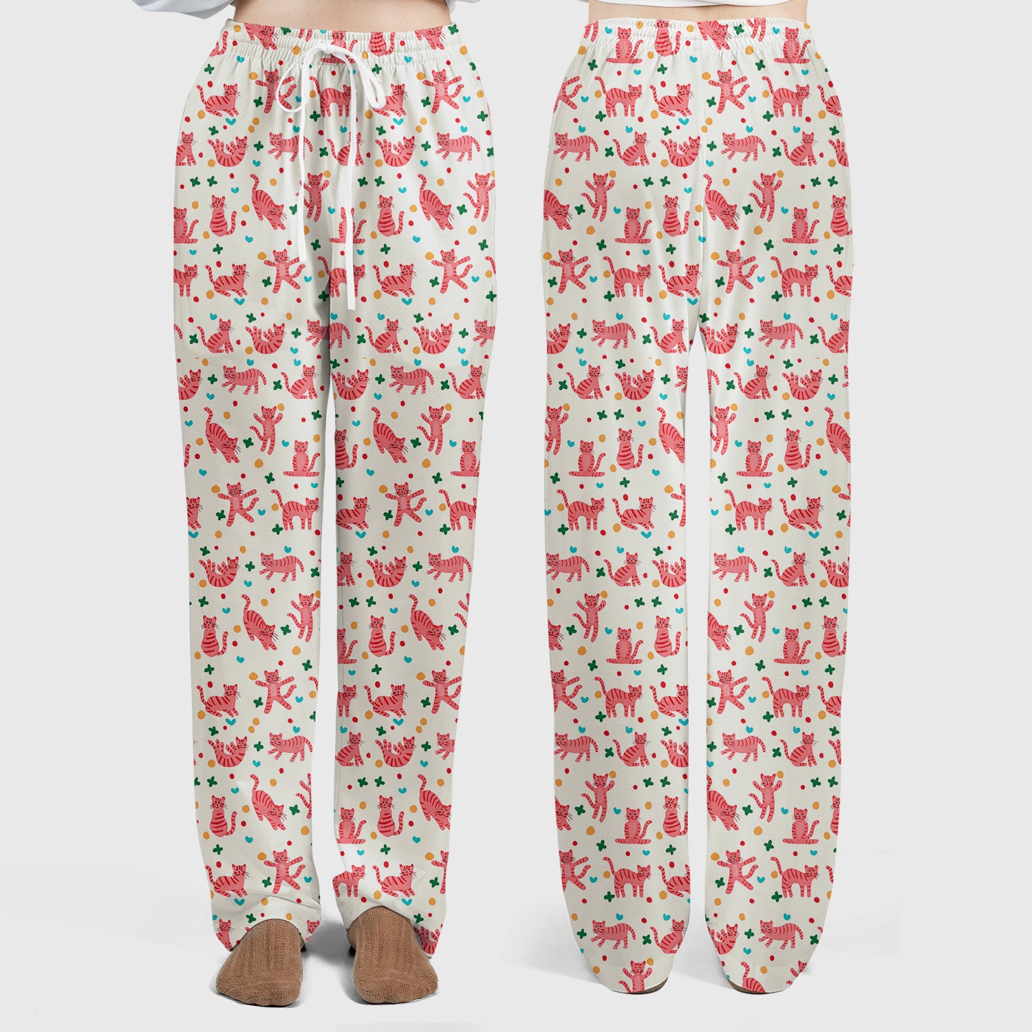 Cute Pink Cat Pattern Women's Scrub Sets, Scrub Pants and V Neck Top