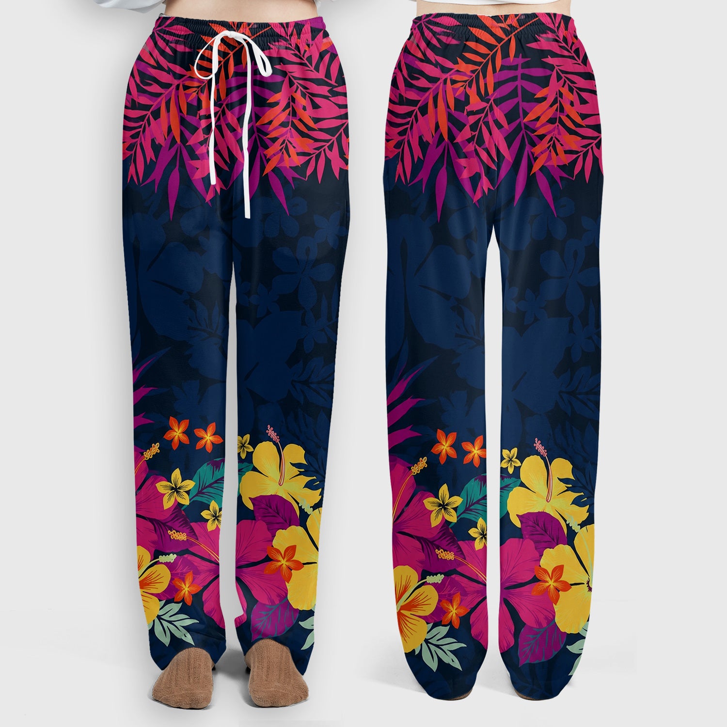 Tropical Hibiscus Palm Leaf Pattern Scrub Set, Scrub Pants and V Neck Top