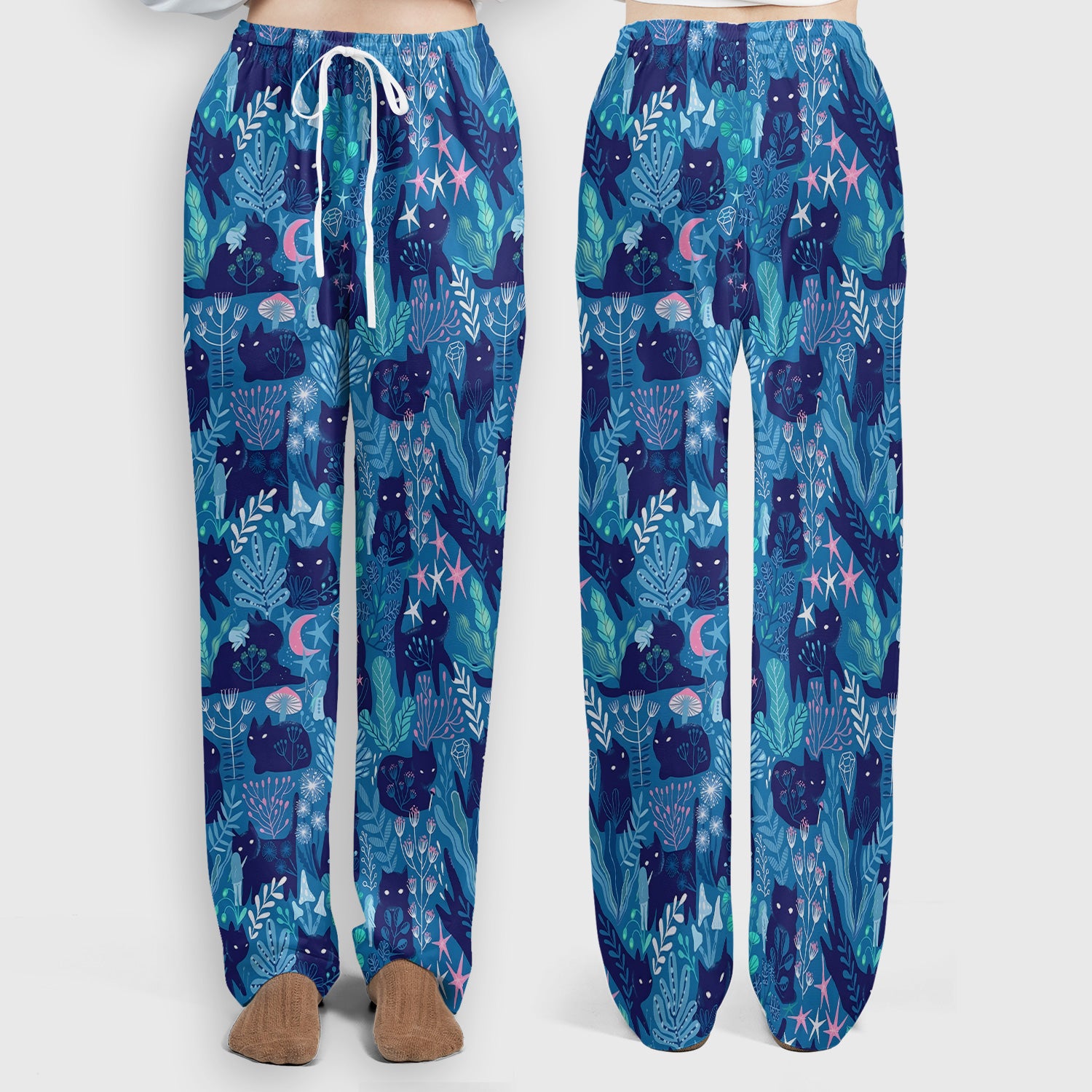 Adorable Celestial Cat Moon Star Pattern Scrub Set, Scrub Pants and V Neck Top