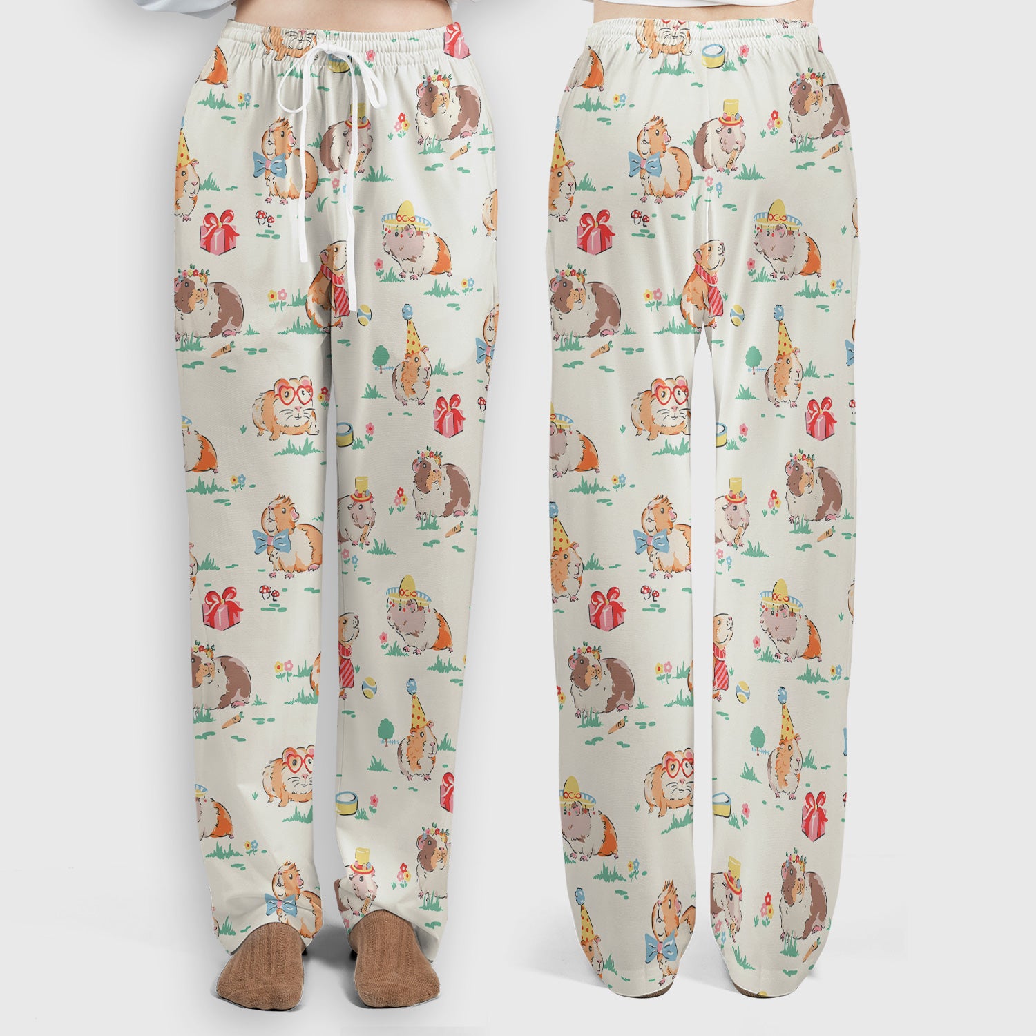 Cute Guinea Pig Party Nurse Pattern Scrub Set, Scrub Pants and V Neck Top