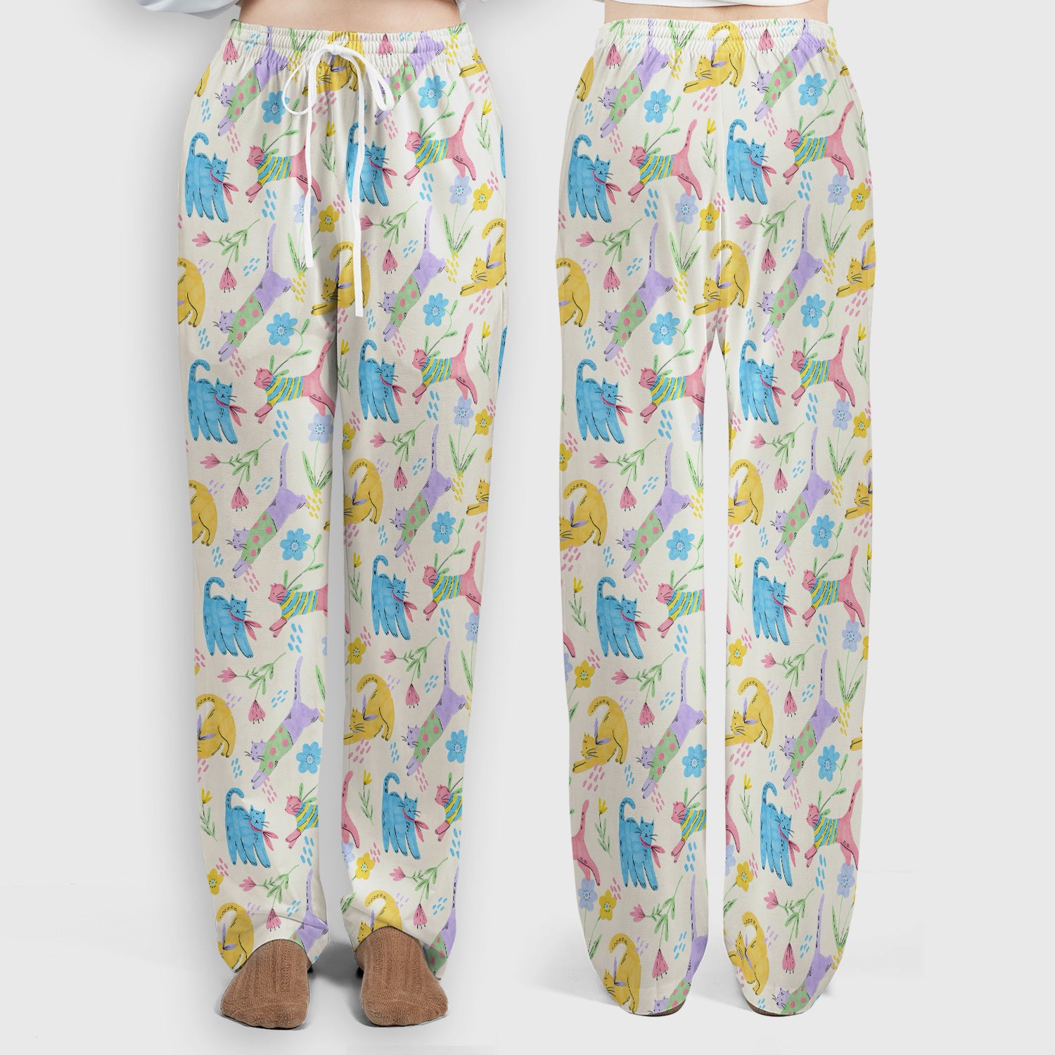 Cute Colorful Cat Floral Pattern Scrub Set, Scrub Pants and V Neck Top