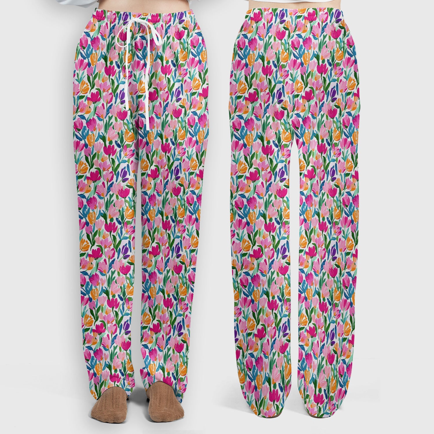 Vibrant Tulip Meadow Pattern Scrub Set, Scrub Pants and V Neck Top