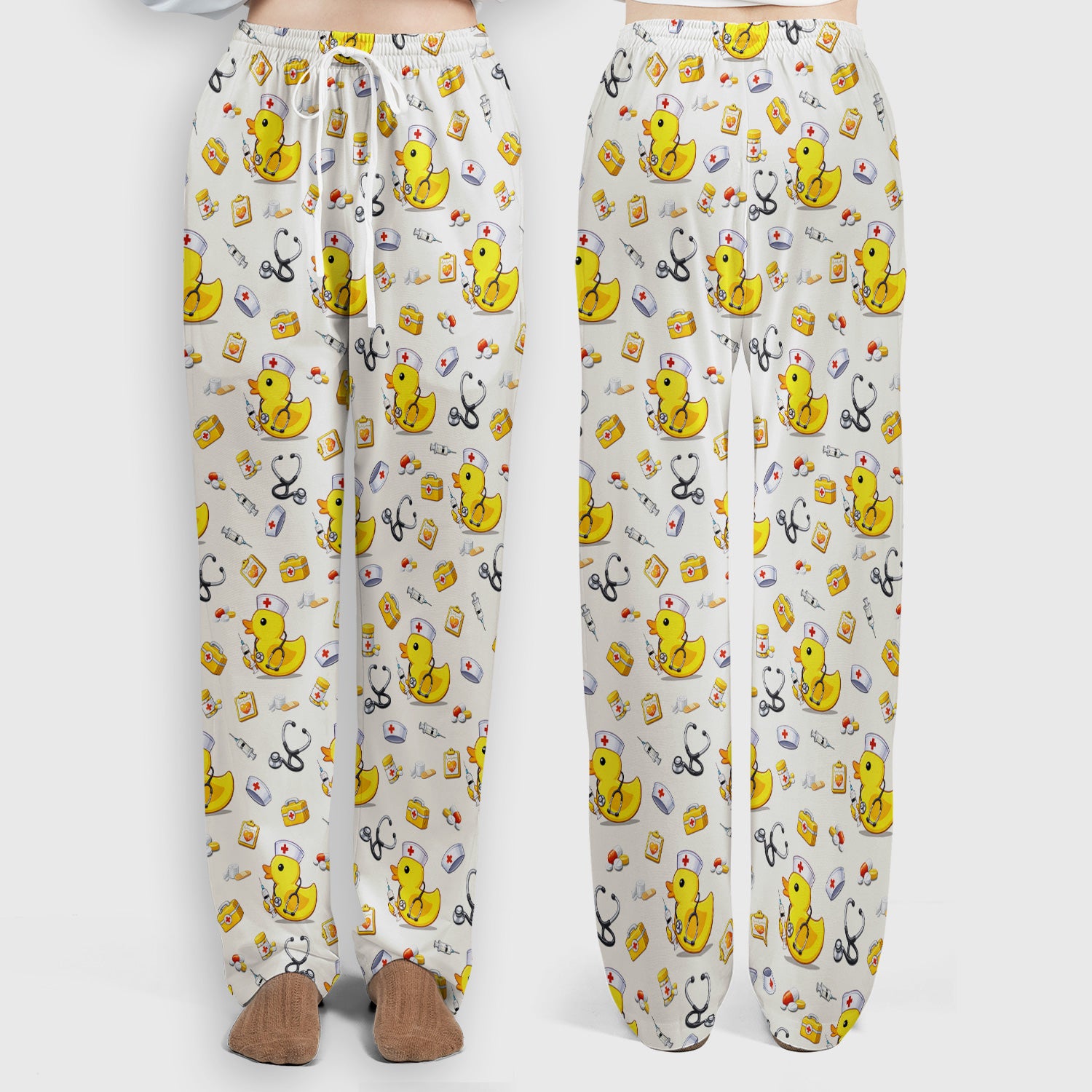 Playful Medical Duck Print Women's Scrub Set, Breathable Med Uniform