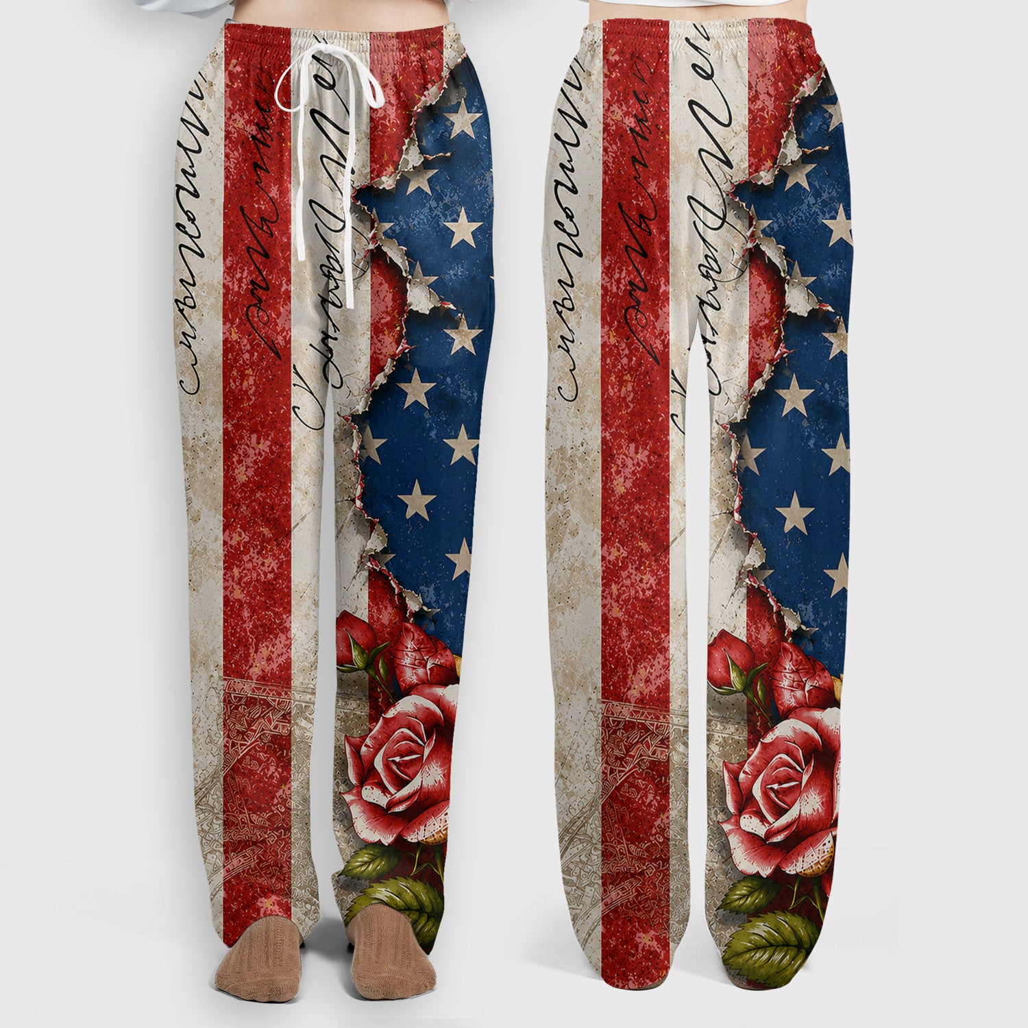 American Flag Vintage Rose Floral Pattern Scrub Set, Scrub Pants and V Neck Top