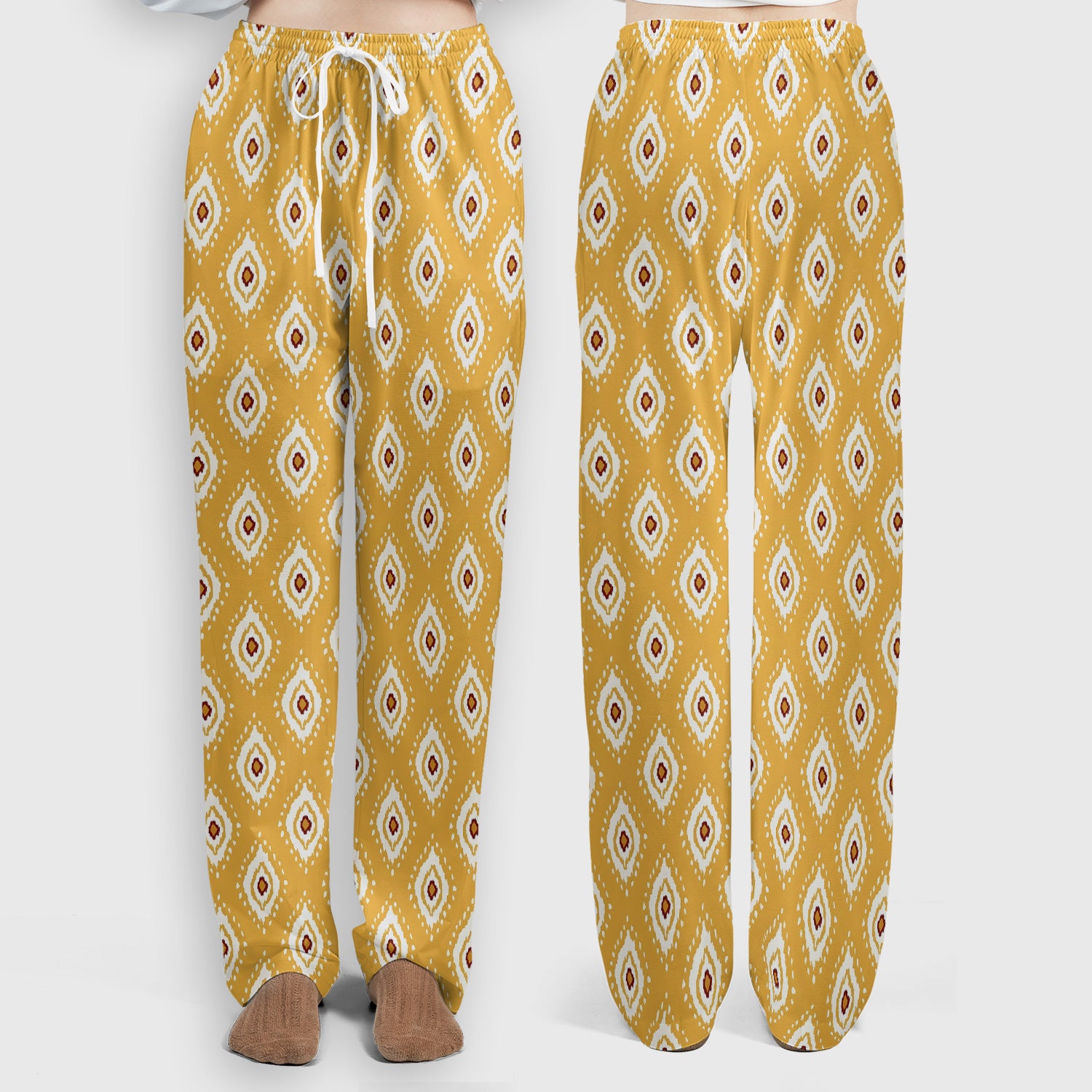 Cute Mustard Geometric Ikat Nurse Pattern Scrub Set, Scrub Pants and V Neck Top