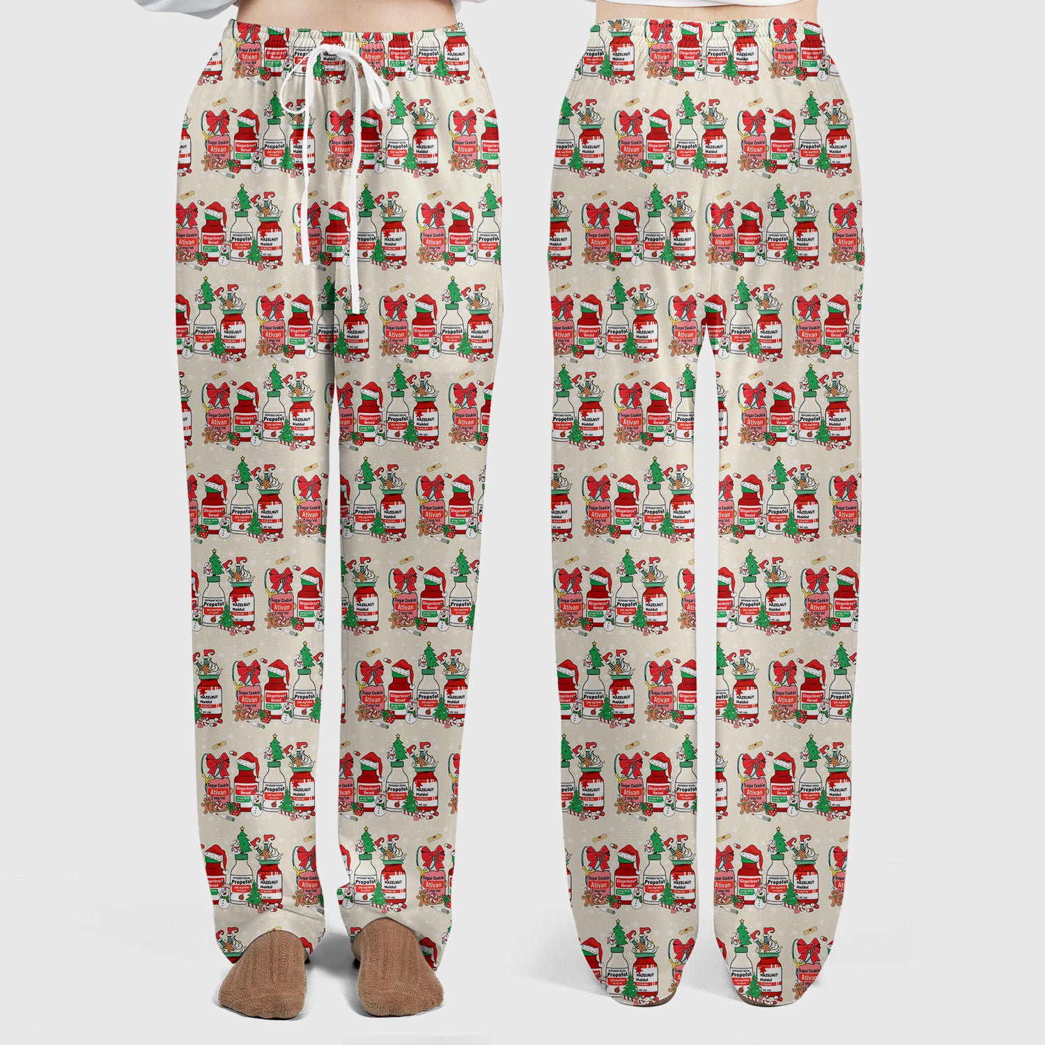 Funny Christmas Medication Scrub Set – Festive Holiday Pharma Bottles Pattern – Playful Medical Uniform for Nurses, Pharmacists & Healthcare Workers