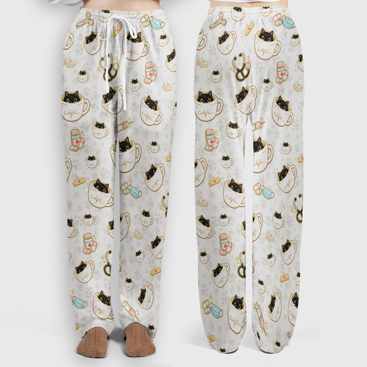 Cute Coffee Cat Medical Print Scrub Set, Scrub Pants and V Neck Top