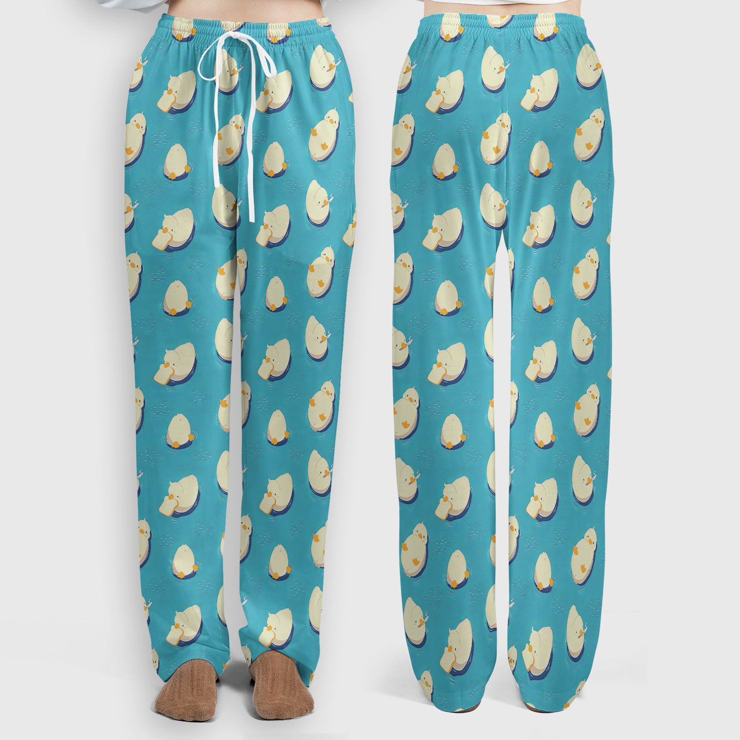 Cute Blue Duck Pond Pattern Scrub Set, Scrub Pants and V Neck Top