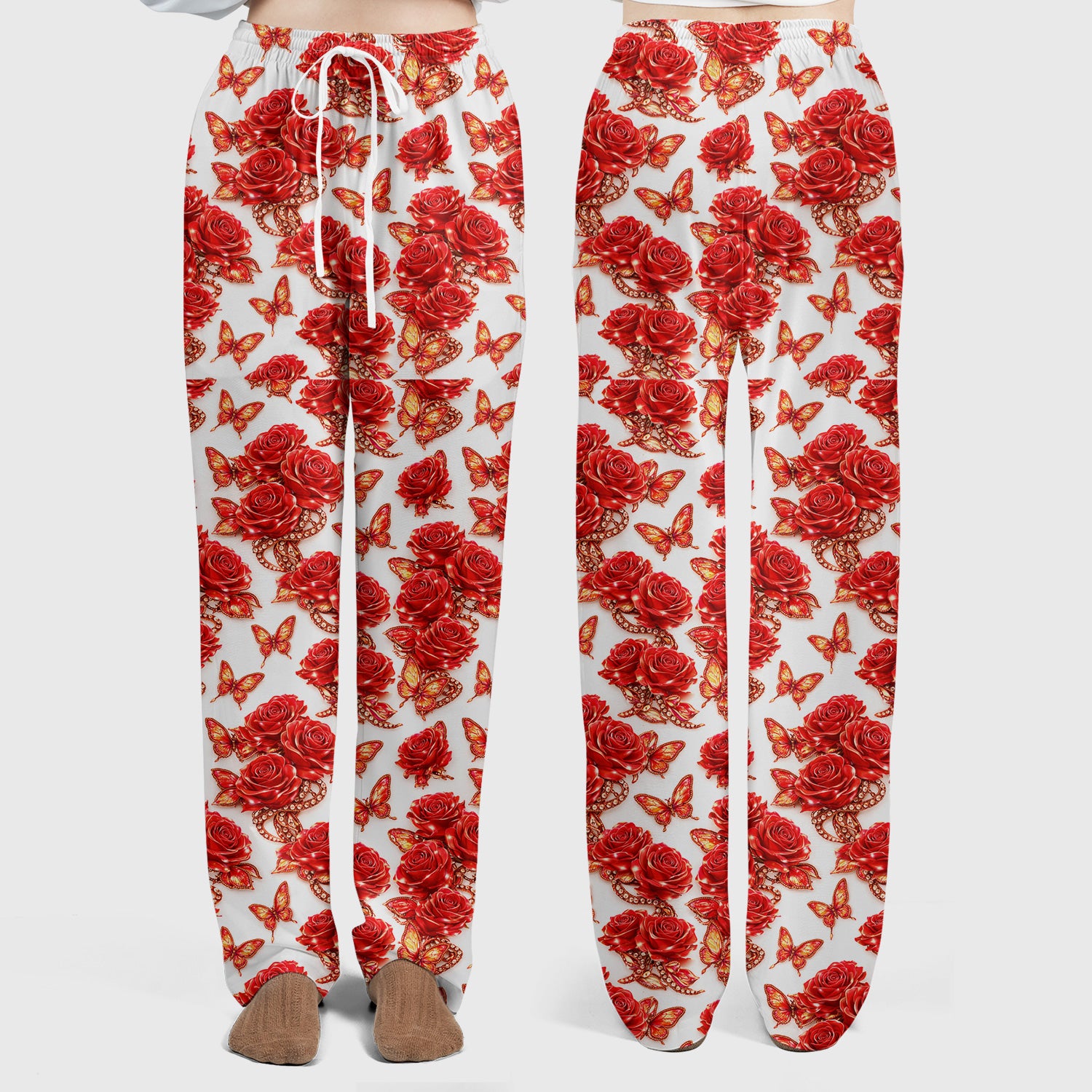 Red Rose and Butterfly Pattern Scrub Set, Comfortable Scrub Pants and V Neck Top for Nurses