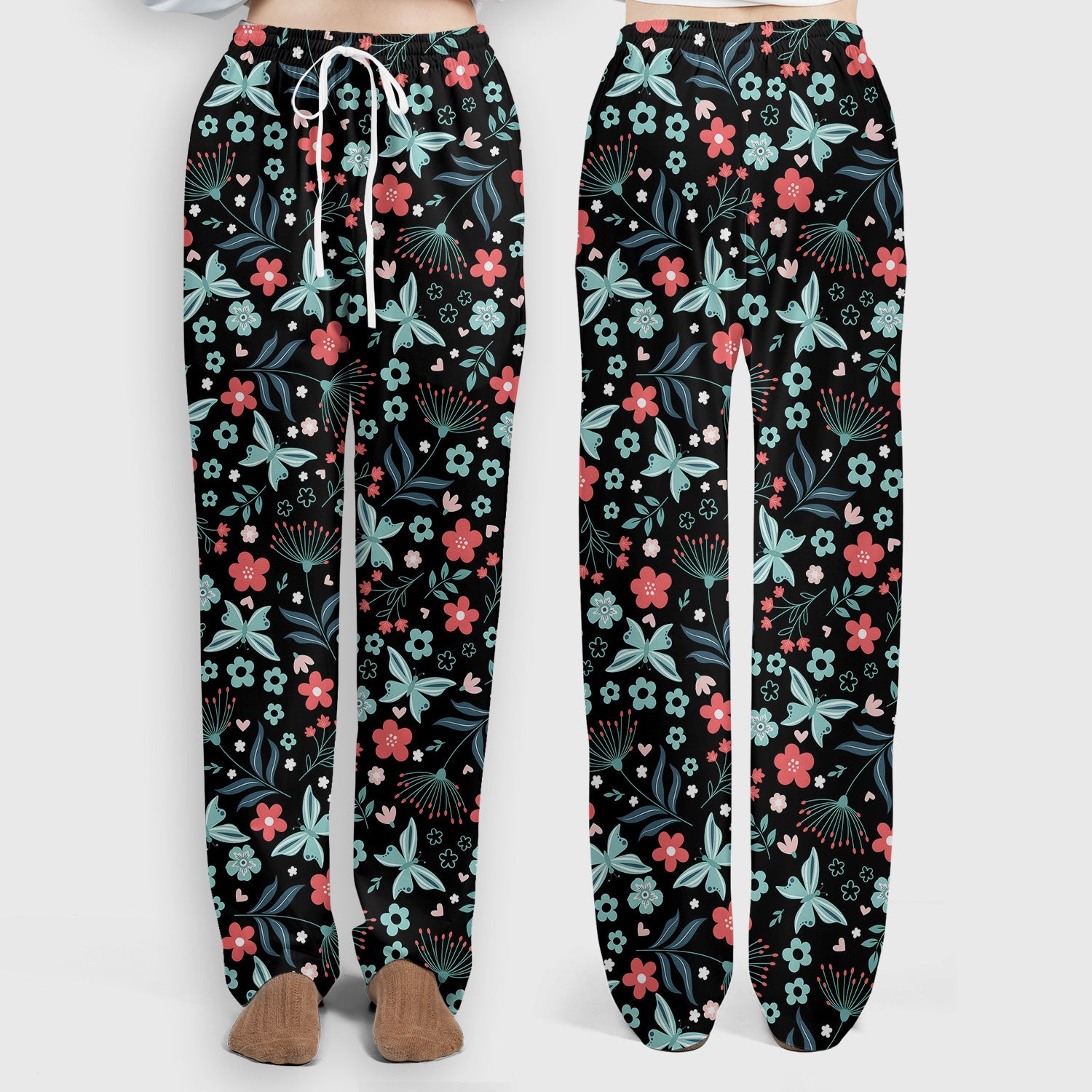 Cute Floral Butterfly Garden Print Scrub Set, Scrub Pants and V Neck Top